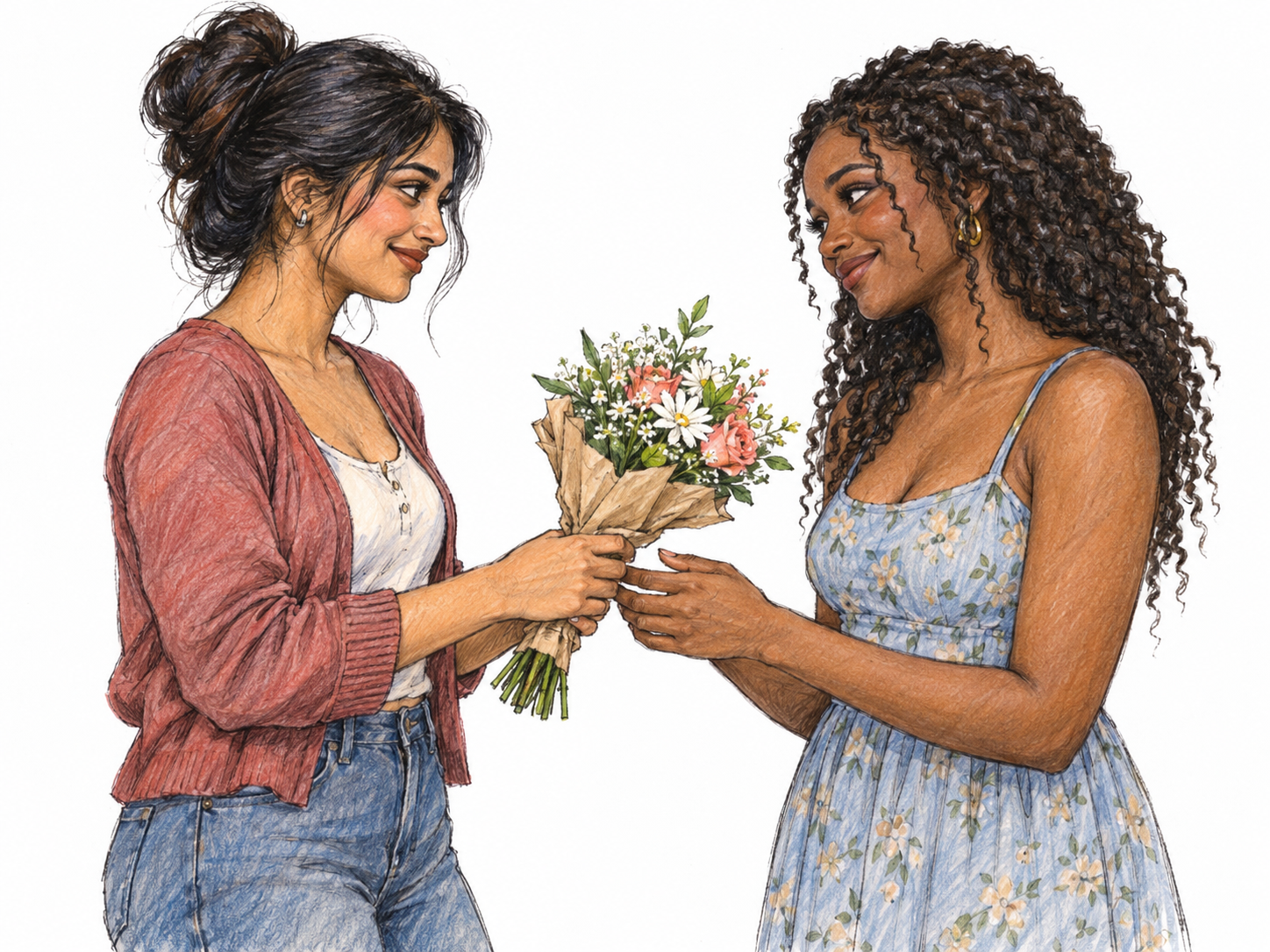 A young adult South Asian woman offers a small bouquet to a young adult Black woman at the start of a romantic date, clearly depicting a person courting someone.