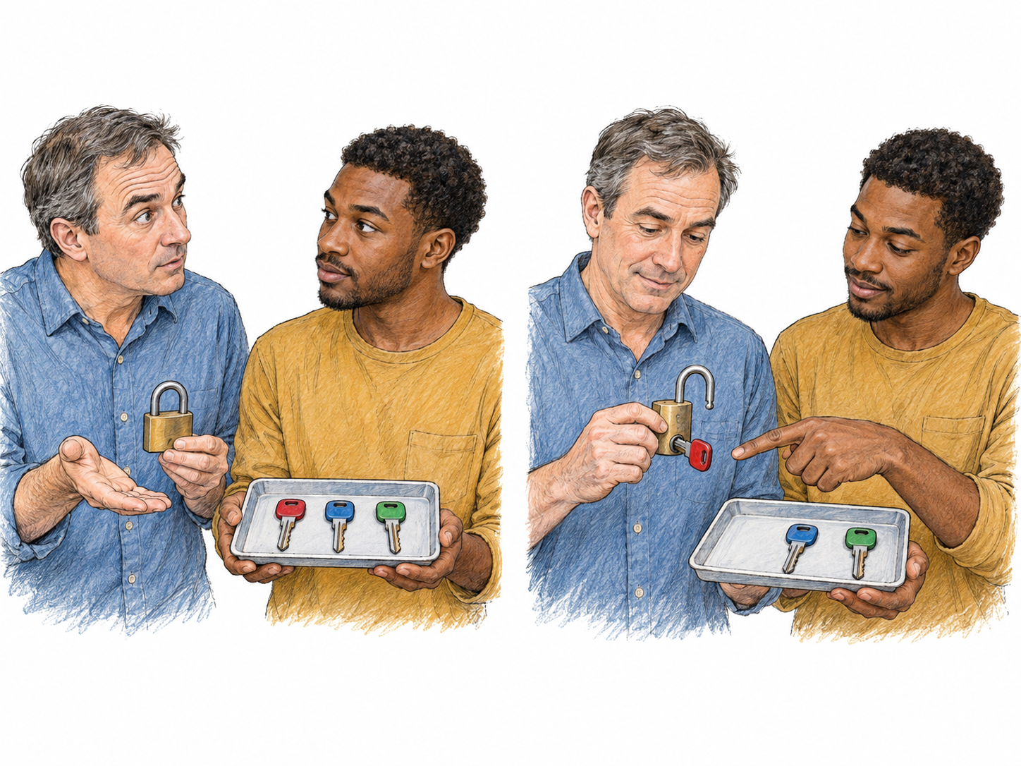 A compact two-stage scene shows a man asking another man to identify the appropriate key from three visible alternatives, followed by the other man pointing to one specific key.