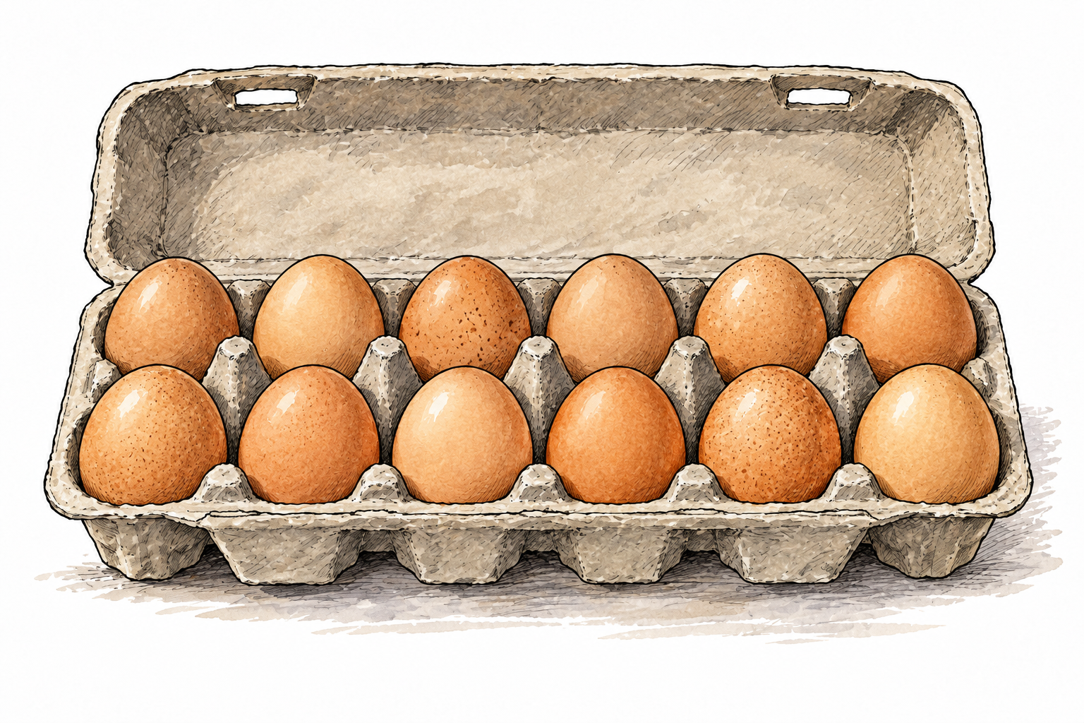 Exactly twelve eggs arranged in an open carton as two rows of six; no words or labels.