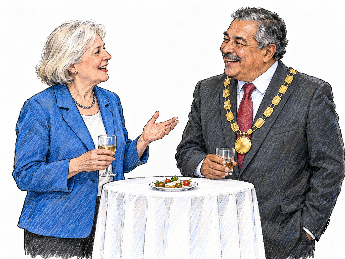 At a relaxed reception, an older woman chats and laughs with an older male civic dignitary wearing a ceremonial chain of office.