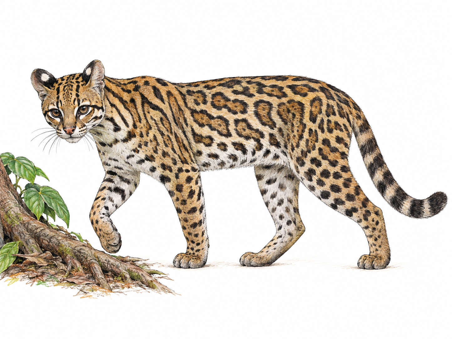 A single ocelot walking beside a low exposed root, its slender small-cat build and distinctive elongated dark rosettes clearly visible in side view.