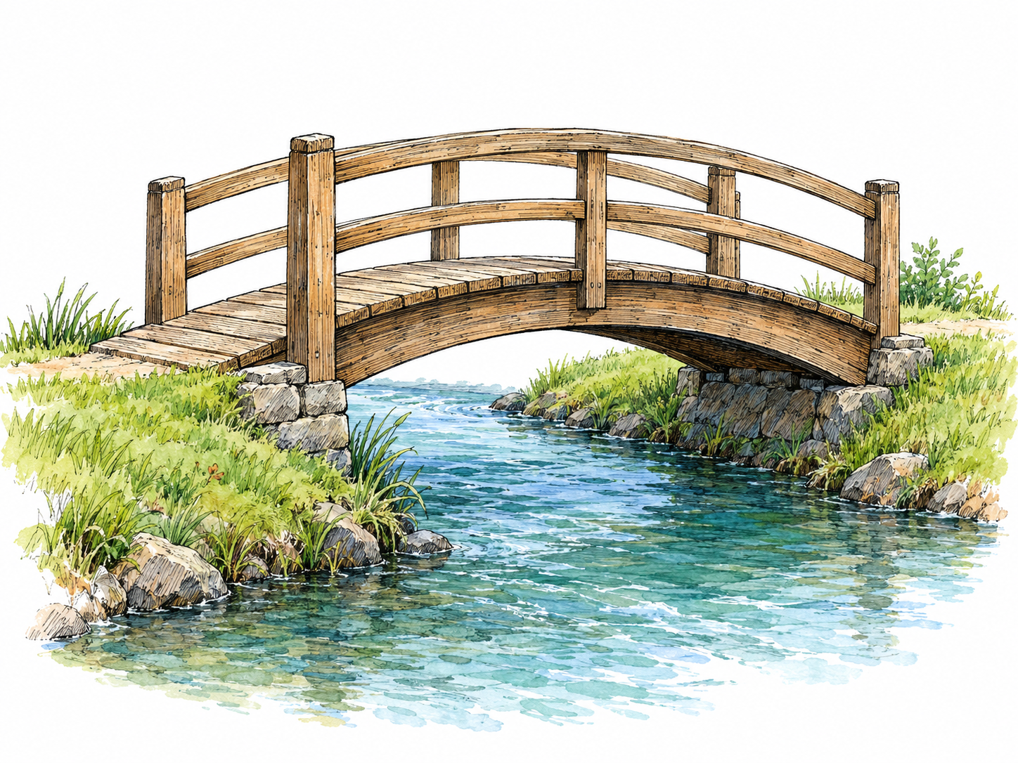 A small arched wooden footbridge passes over a narrow flowing stream, with a clearly visible gap between the bridge deck and the water below.