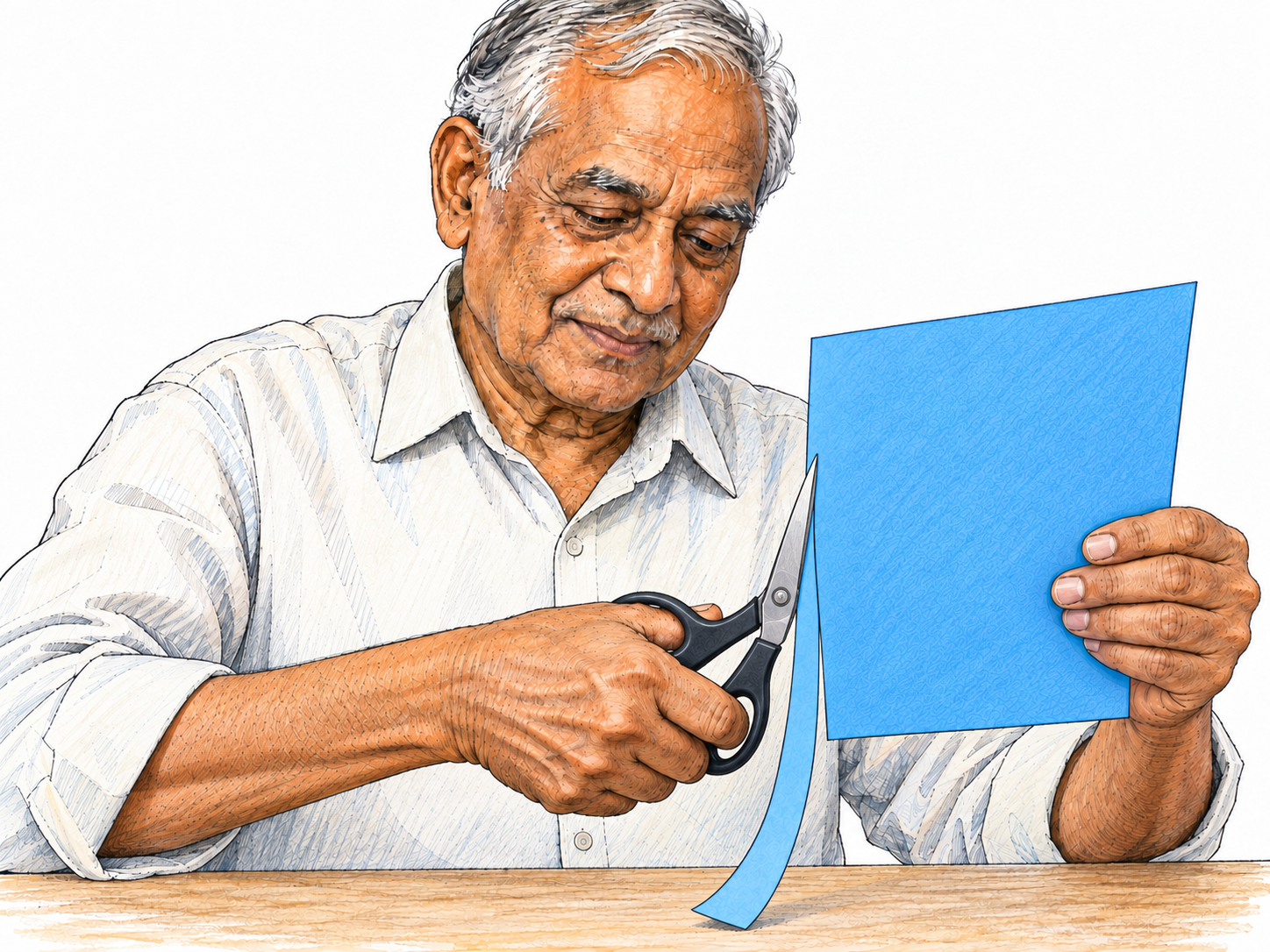 An older man cuts a sheet of blue paper cleanly with scissors, leaving a straight, smooth edge and a neatly separated strip without tears or ragged fibers.