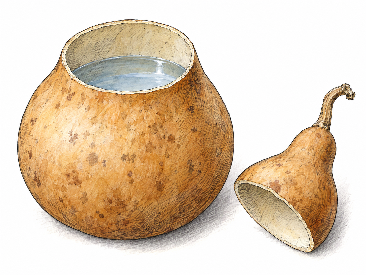A dried, hollowed bottle gourd used as a vessel, with its cut-off top set beside it and water visibly held inside its open bowl.