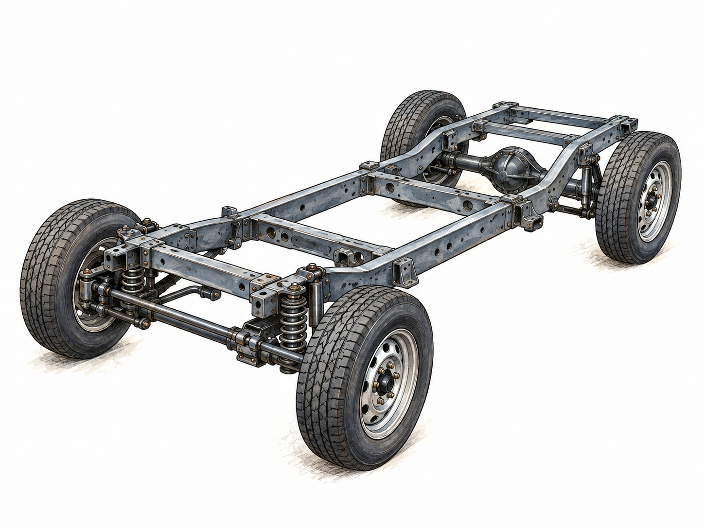 A stripped automobile rolling chassis: two parallel steel frame rails joined by crossmembers, front and rear axles with exactly four wheels attached at four corners.