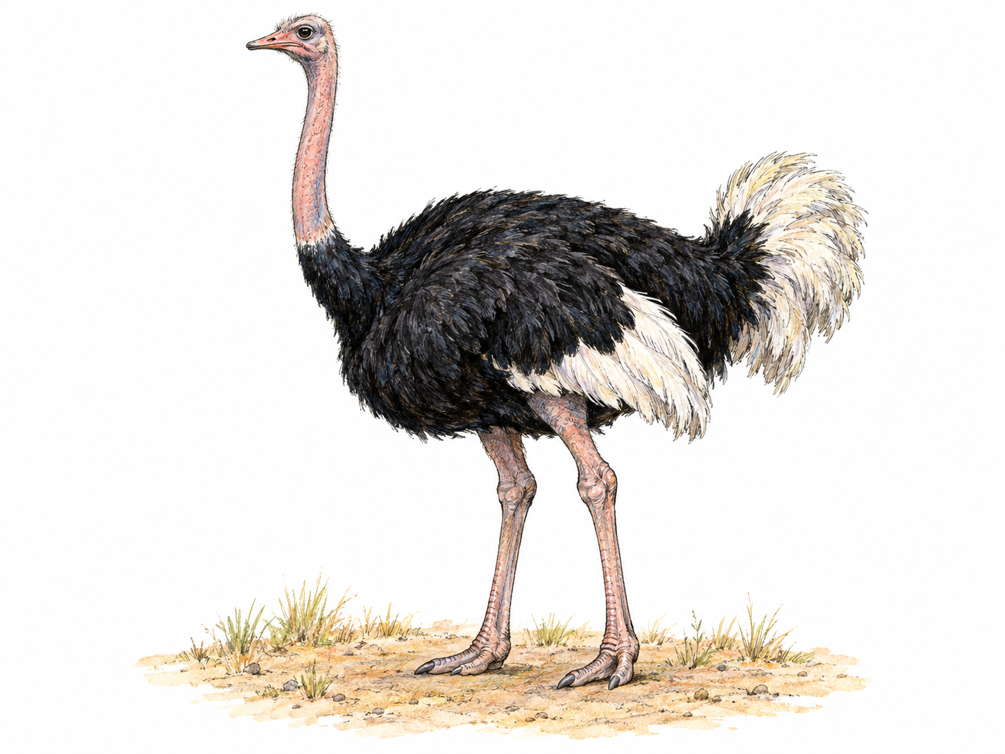 One adult ostrich standing in side profile, its small head, long bare neck, powerful long legs, compact wings, and large feathered body clearly visible.