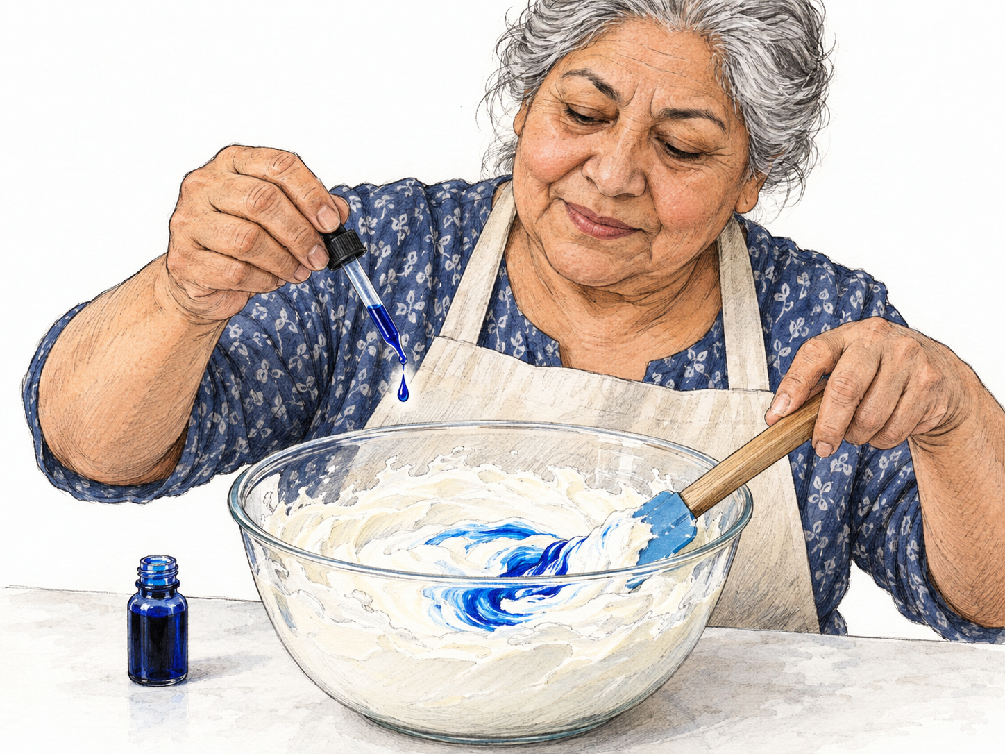A baker adds a few drops of concentrated food coloring to white frosting, with vivid colored swirls appearing where the drops enter.