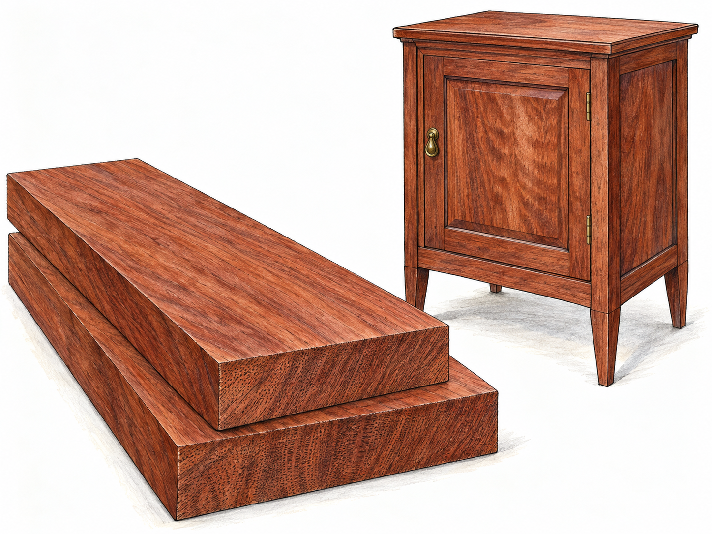 A close view of reddish-brown mahogany boards beside a finely crafted small mahogany cabinet, connecting the visible hardwood grain to its furniture use.