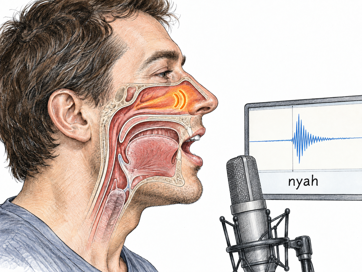 A recorded sharp nasal voice with a nasal resonance cue.