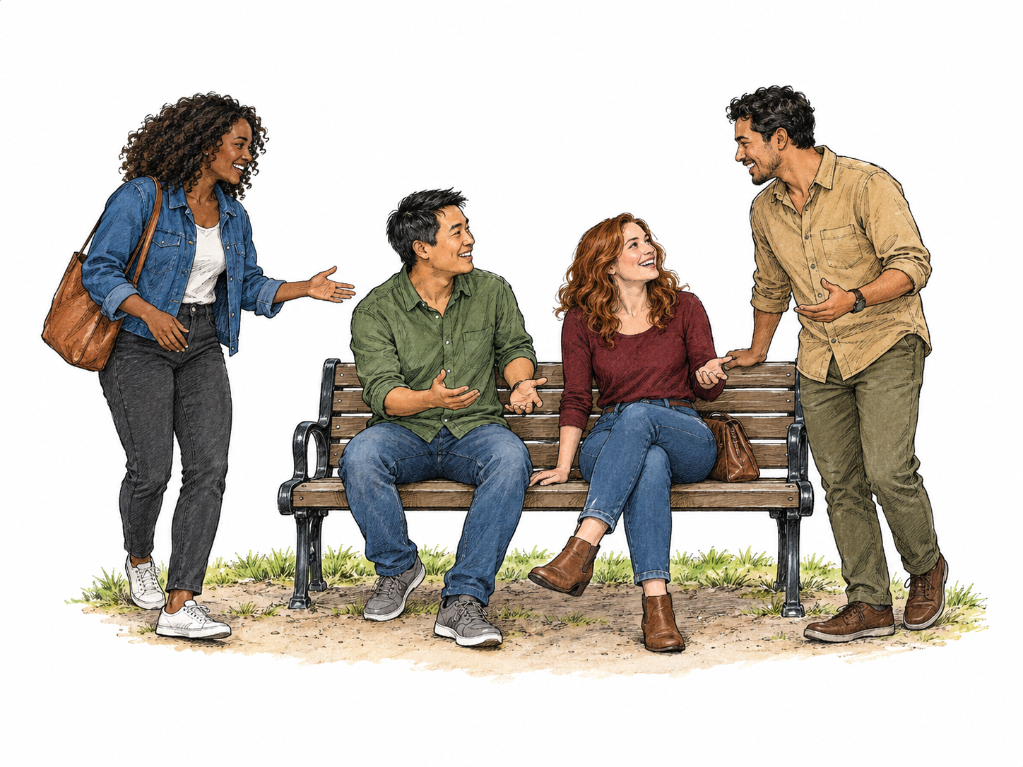Four friends approach and come together around a single small park bench; open conversational gestures show joining one group.