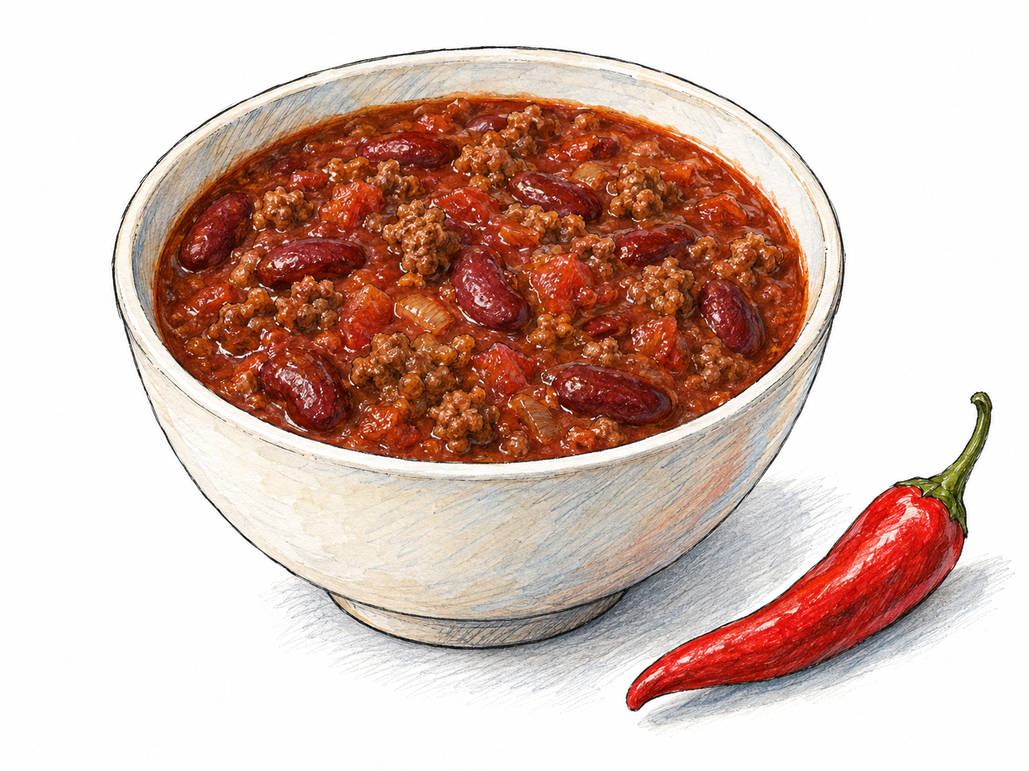 A simple bowl of thick red chili stew with clearly visible beans and browned meat, accompanied by one fresh red chili pepper to suggest its spicy flavor.