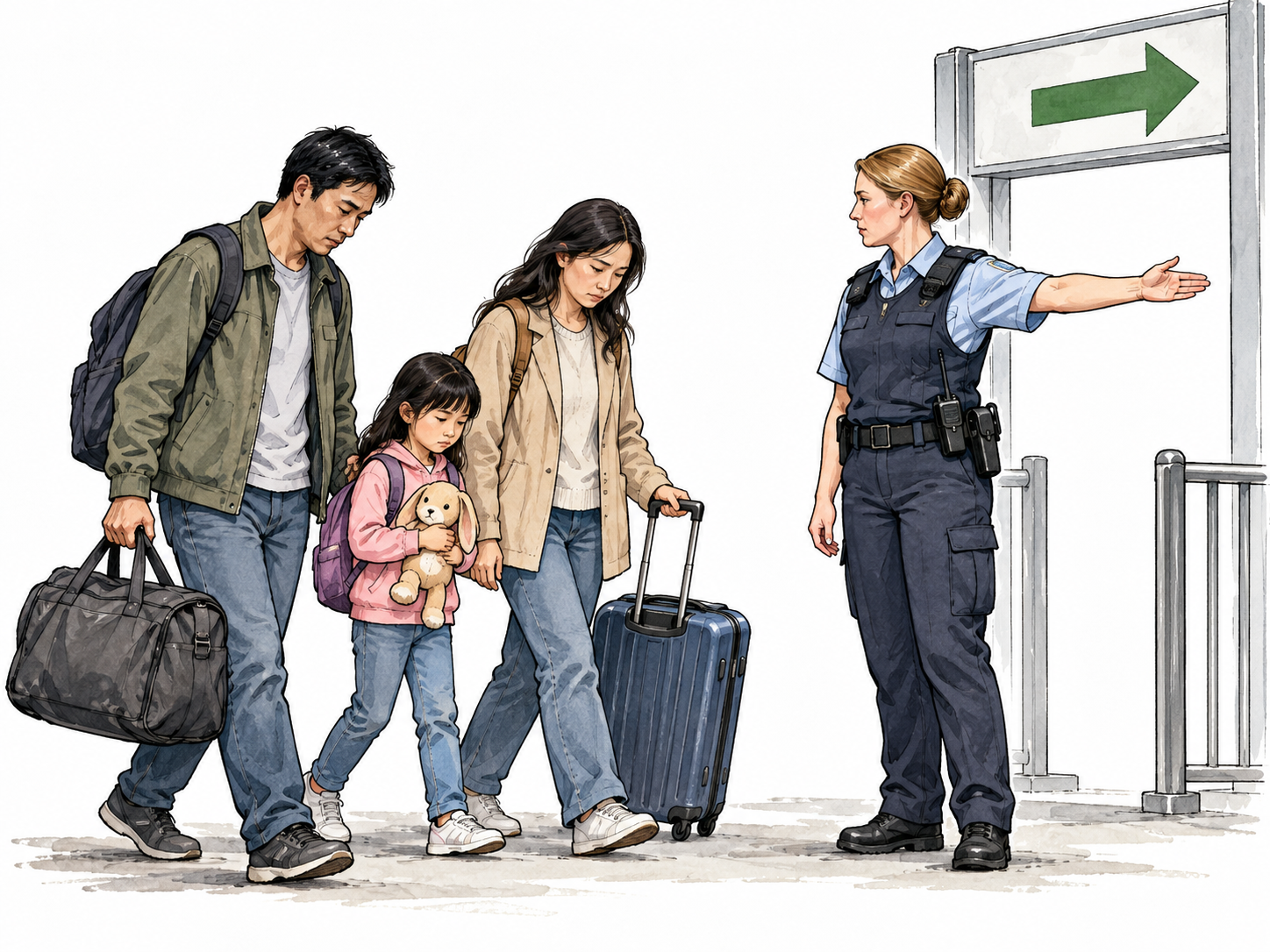 An official supervises the compulsory departure of a family with luggage at a border exit, somber family walks in indicated direction.