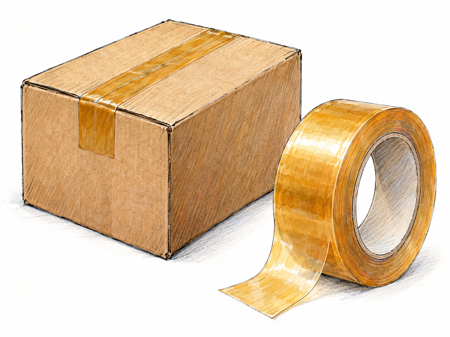 A roll of amber packing tape beside a small plain cardboard box, with a clearly visible narrow strip sealing the box's top seam.