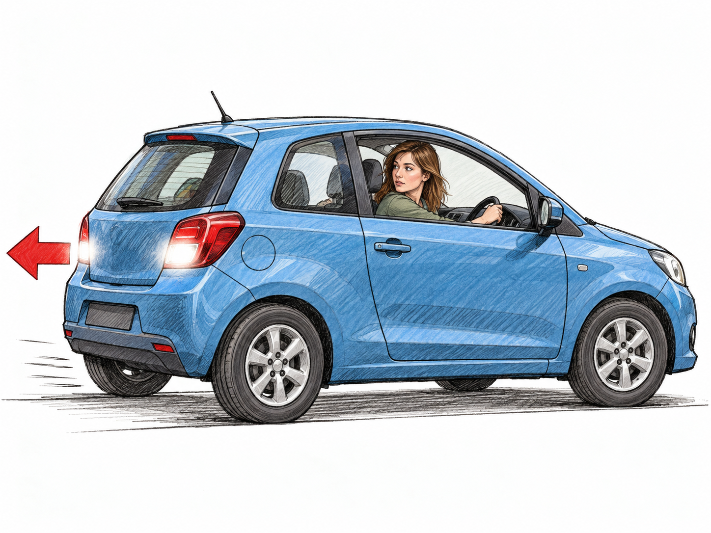 A car visibly traveling backward: its front points right while a clear motion arrow points left from its rear.