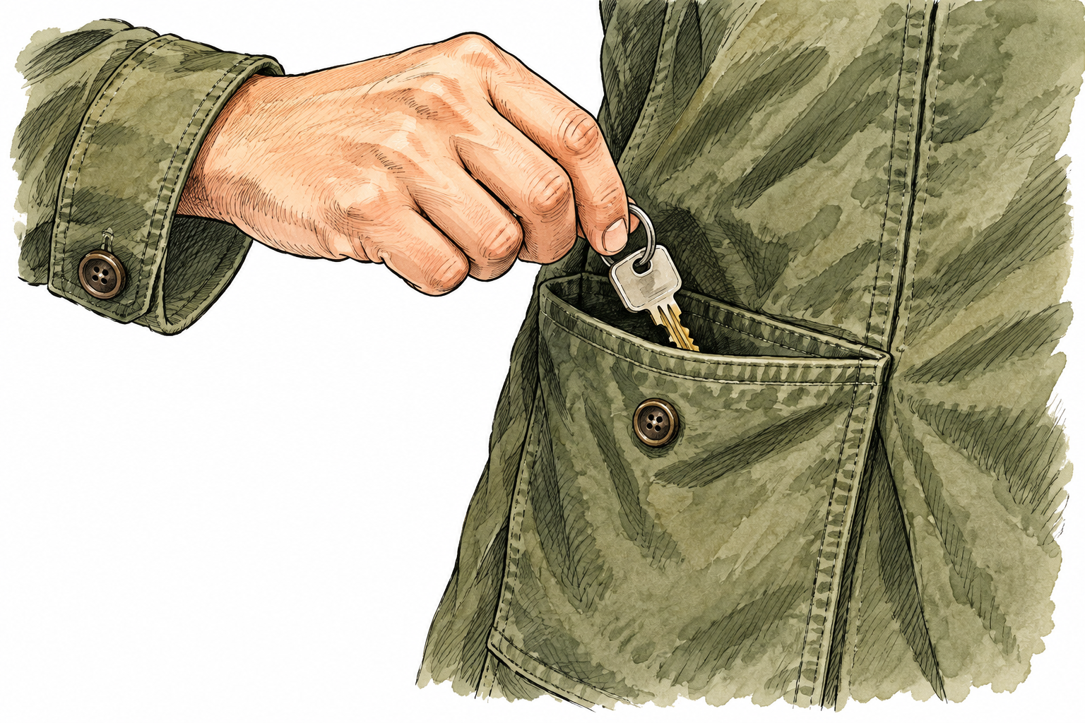 Close view of a jacket pocket sewn into fabric with a hand slipping a key inside, pocket construction clear.