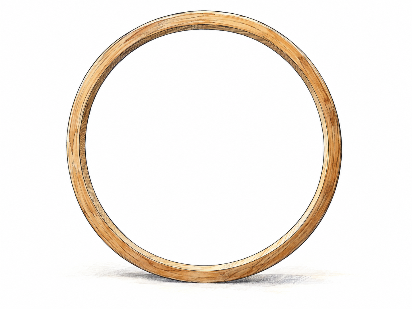 A single plain wooden hoop standing upright, its continuous circular band and empty center clearly visible.