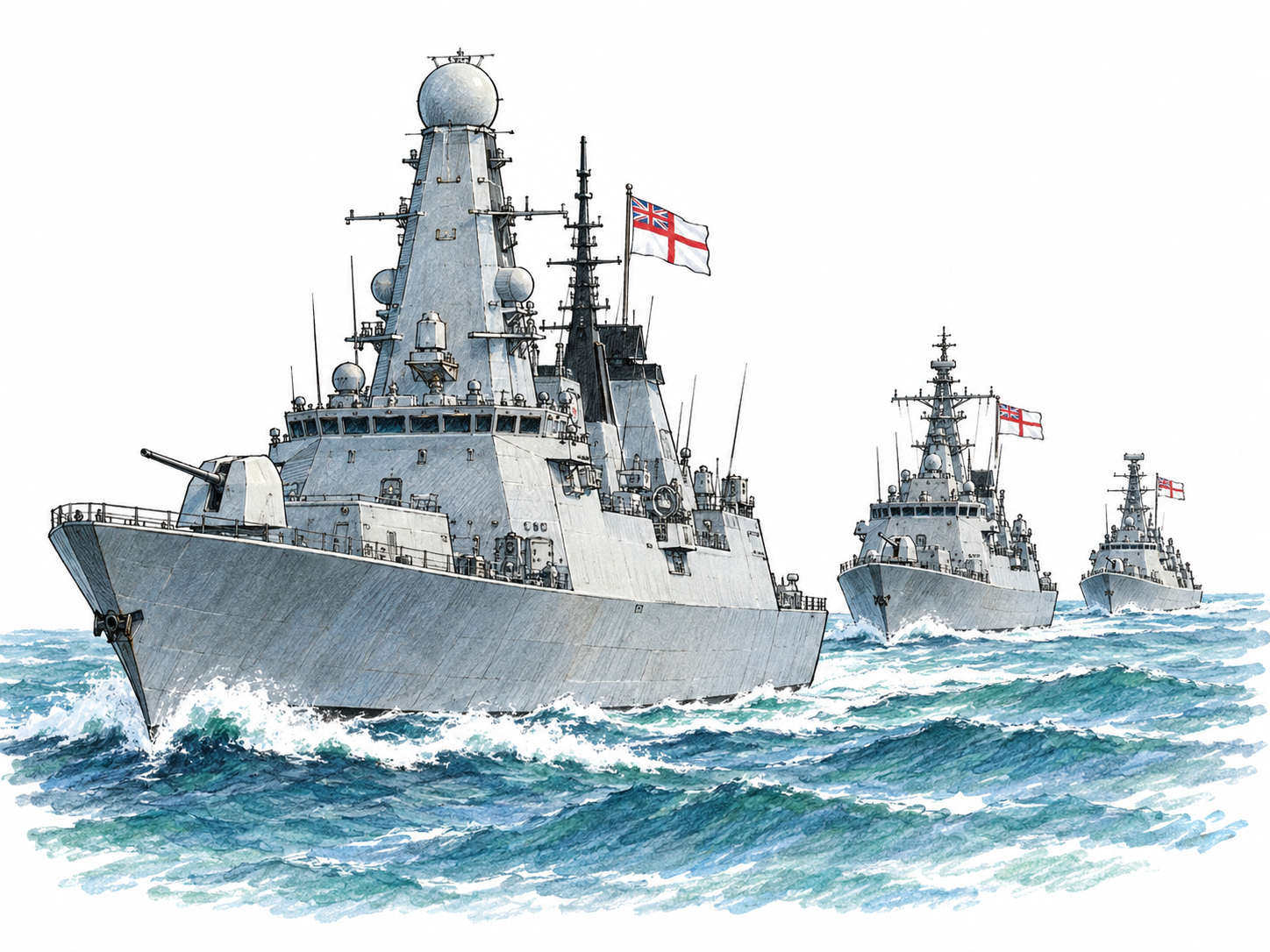 A coordinated formation of three modern naval warships at sea, with visible deck guns, radar masts, and matching national ensigns distinguishing an organized national military fleet from merchant shipping.
