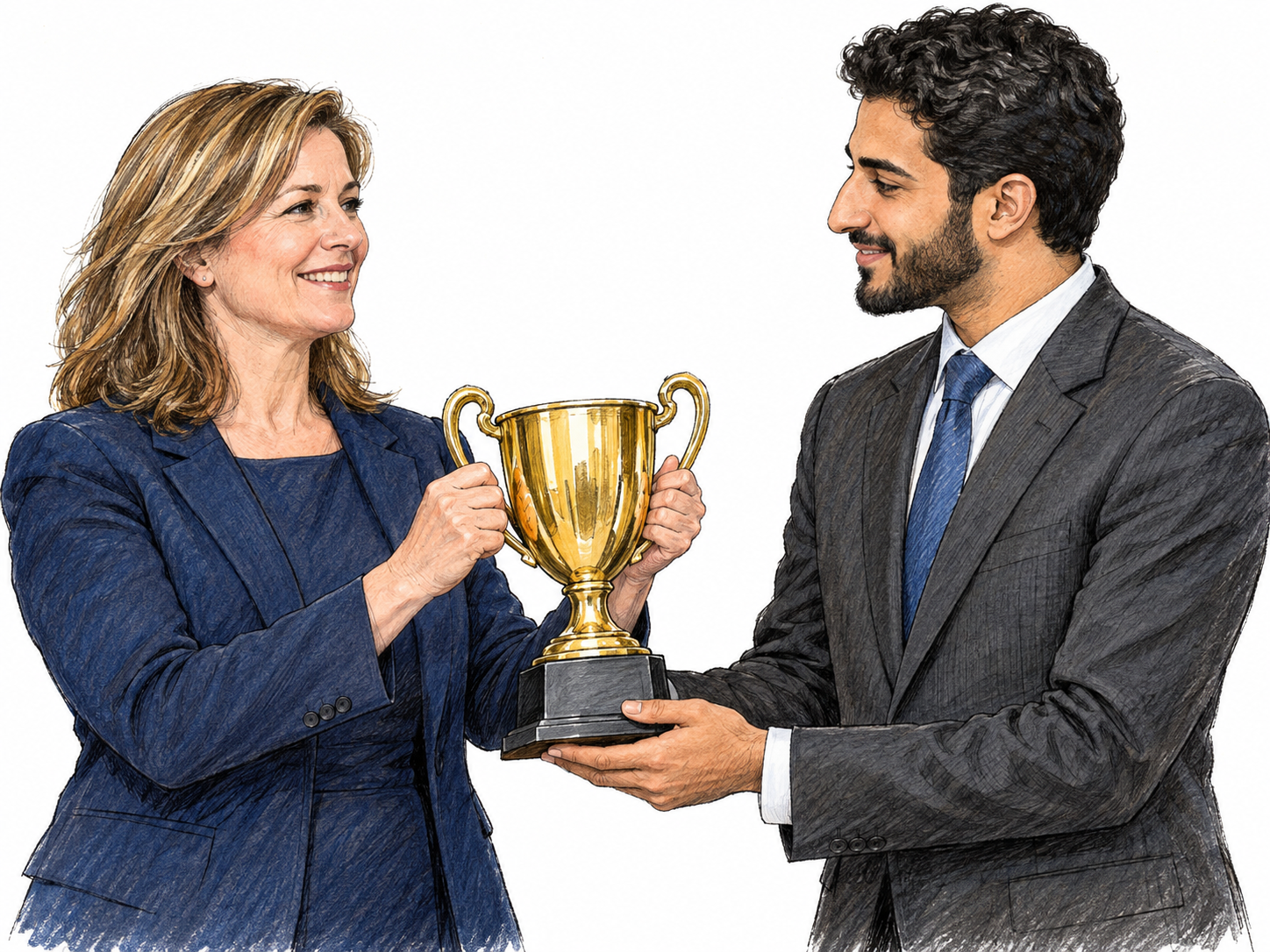 A smiling award recipient accepts a gold trophy from a presenter, making the selected award sense of accolade visible without text.