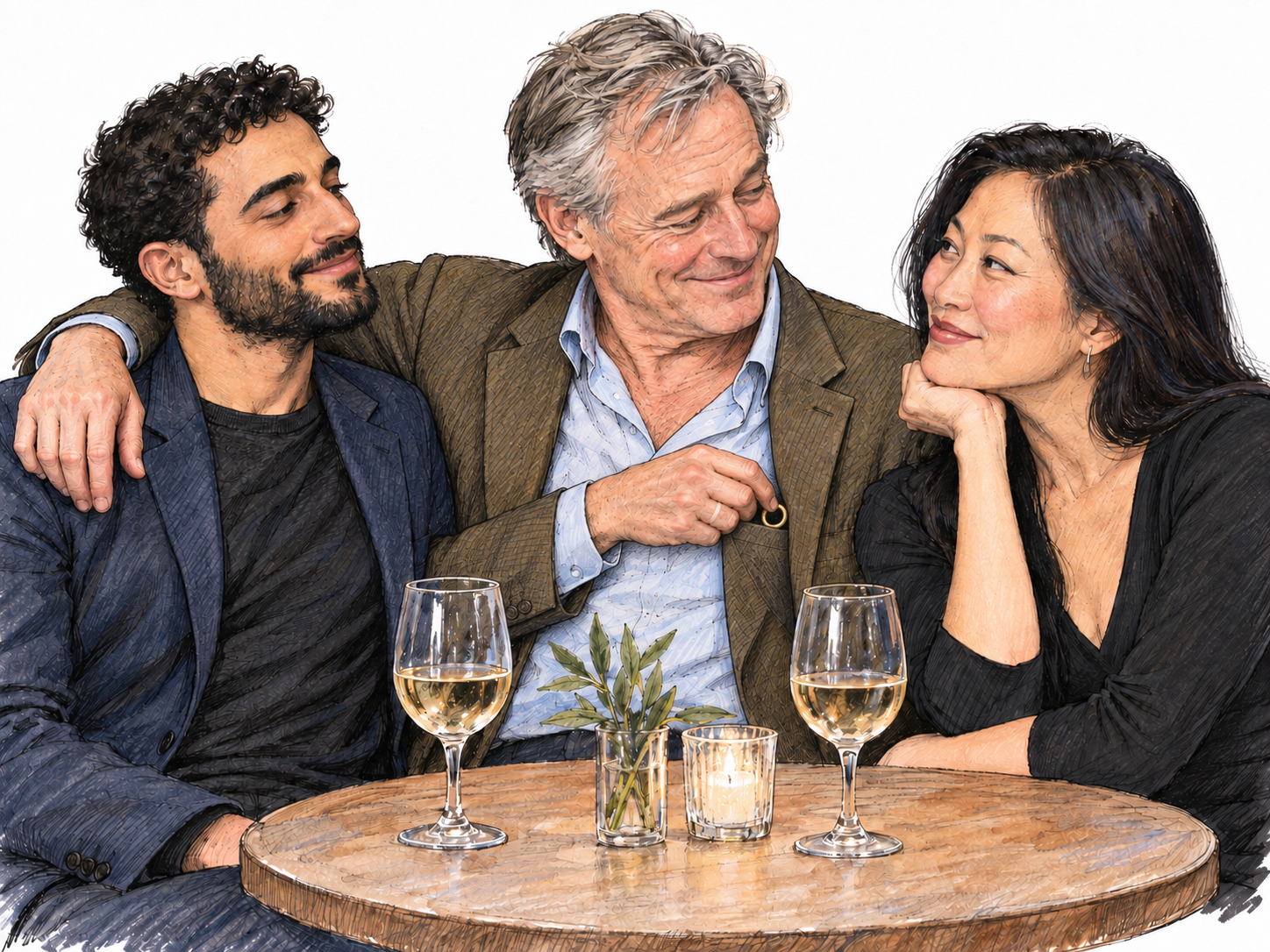 At a sparse modern cocktail table, an older man indulges in simultaneous flirtation with two adults while discreetly slipping his wedding ring into his pocket.