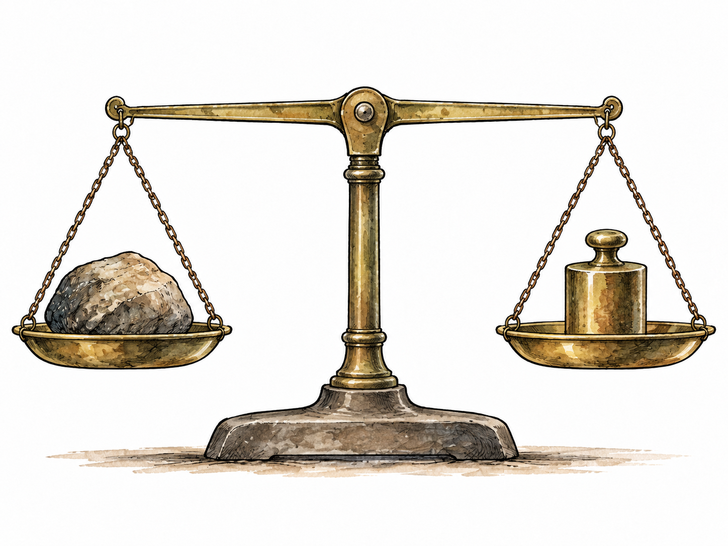 A balanced beam scale has a matching counterweight opposing a suspended object, both sides level.