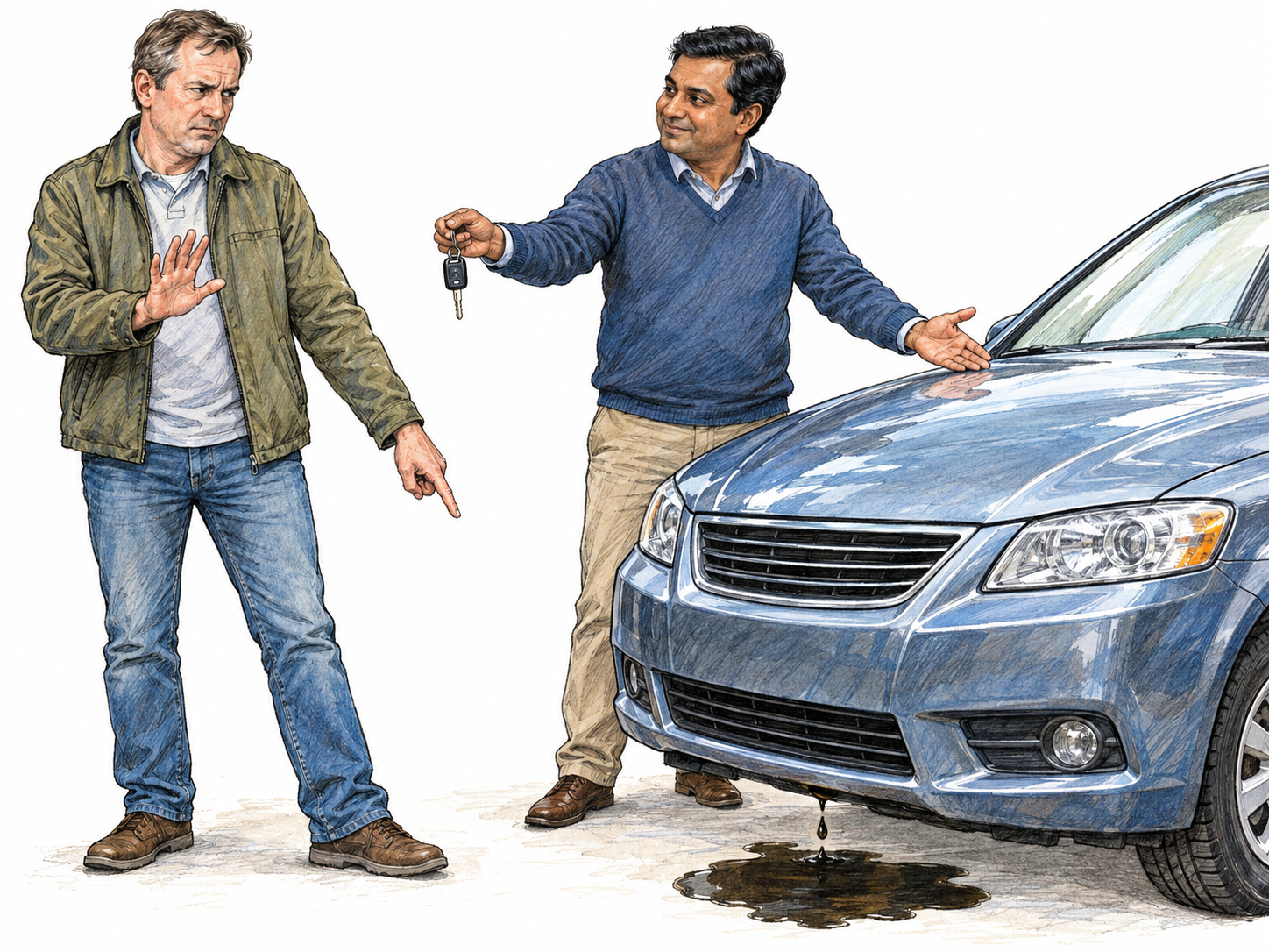 A prospective used-car buyer is leery of a seller's reassuring presentation.