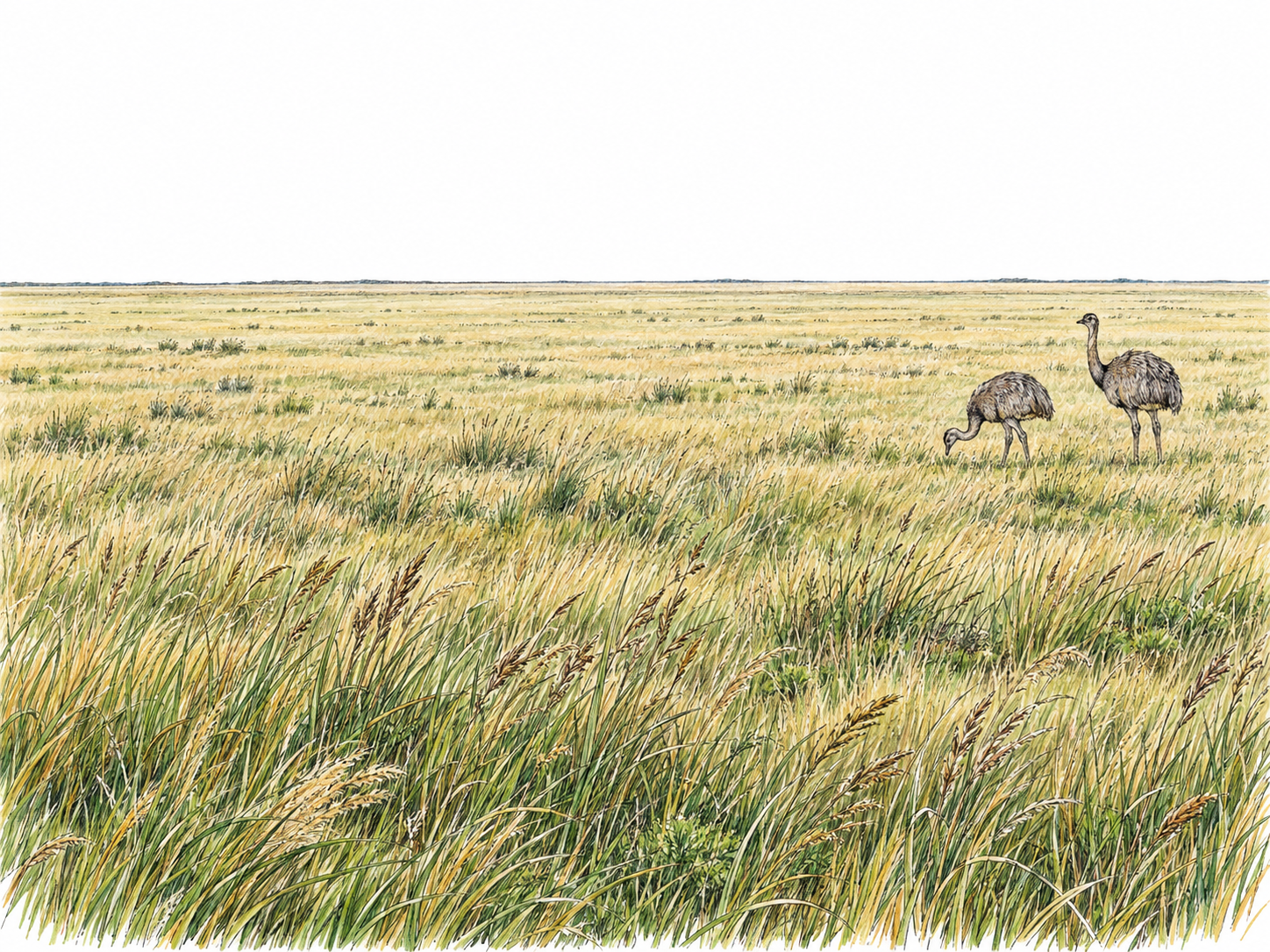An expansive, nearly level, treeless South American grassland extending to a low, uninterrupted horizon.