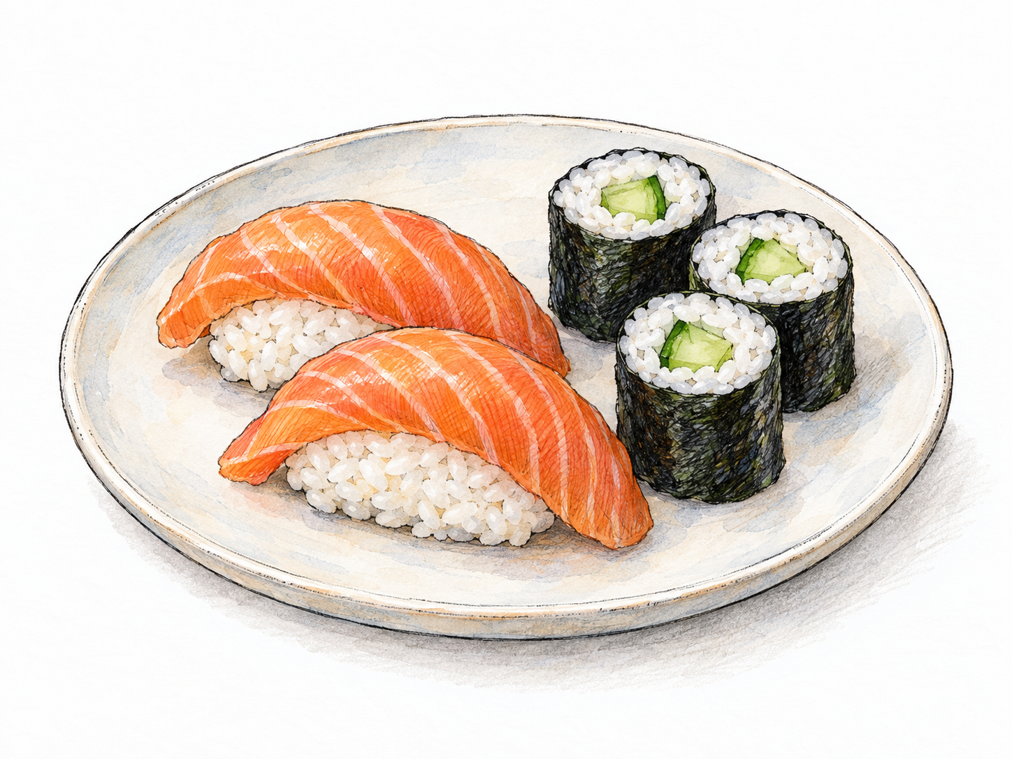A plain ceramic plate holding salmon nigiri and cucumber maki, with the rice, seafood, vegetables, and seaweed clearly distinguishable.