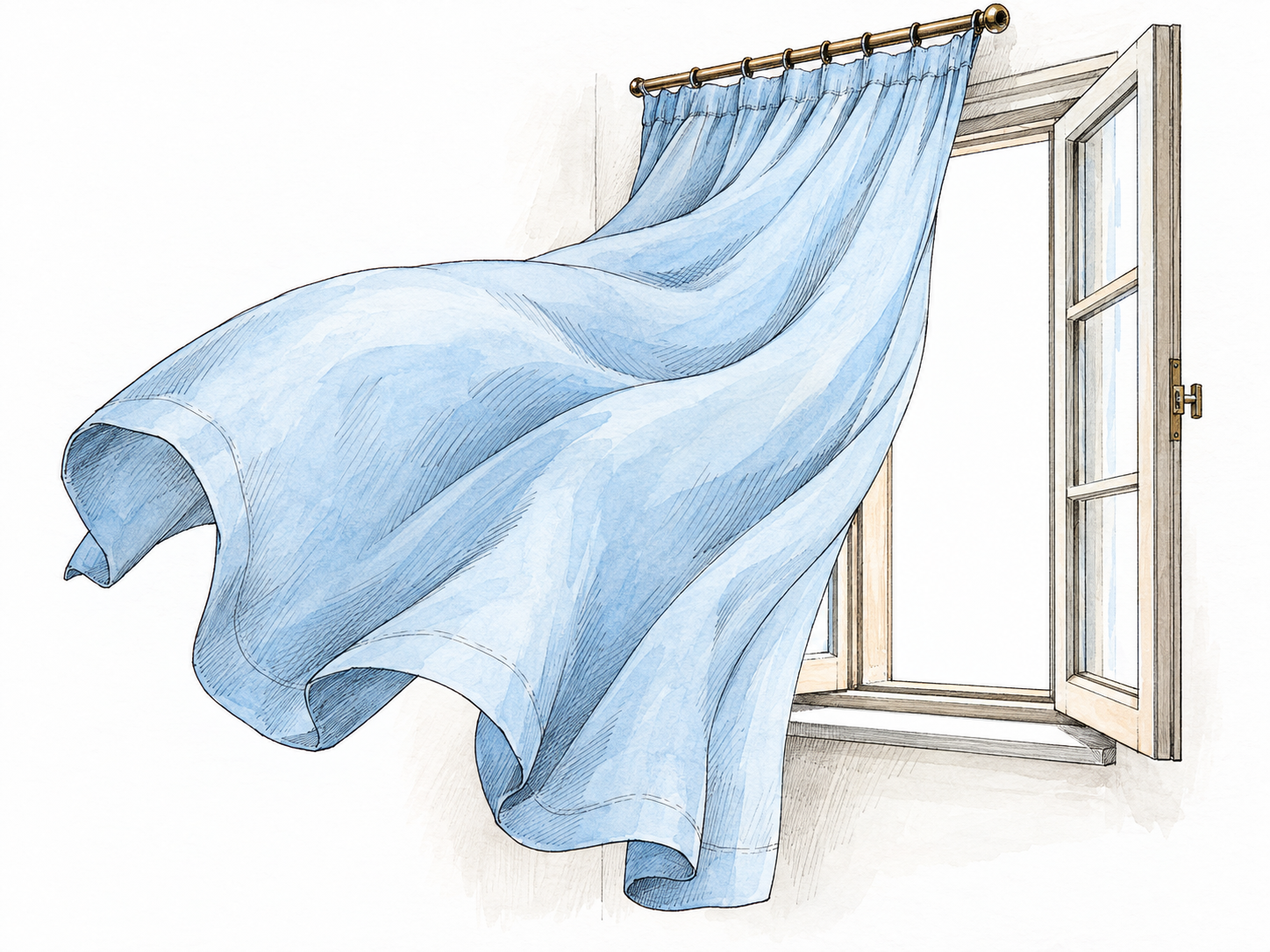 A lightweight curtain caught by wind through an open window swells far inward in broad, rounded, wave-like folds, while its top remains attached to the curtain rod.