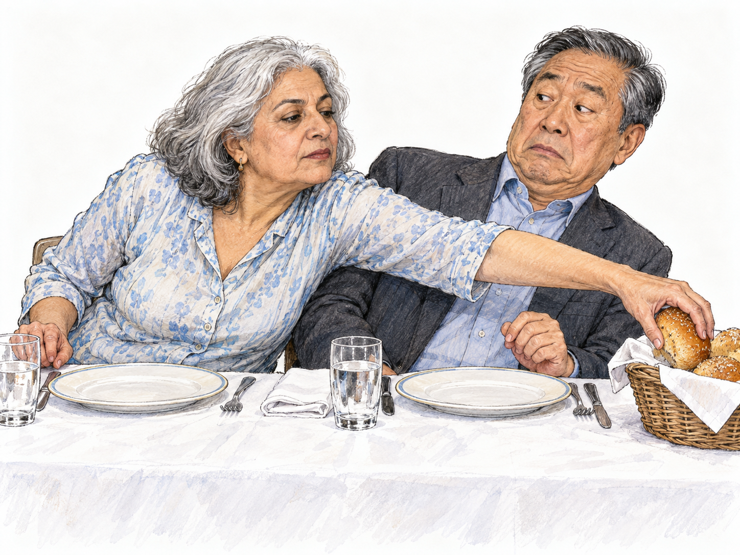 At a neatly set dinner table, a guest gauchely stretches her arm directly across her neighbor’s face to grab a bread roll, oblivious to his startled backward lean.
