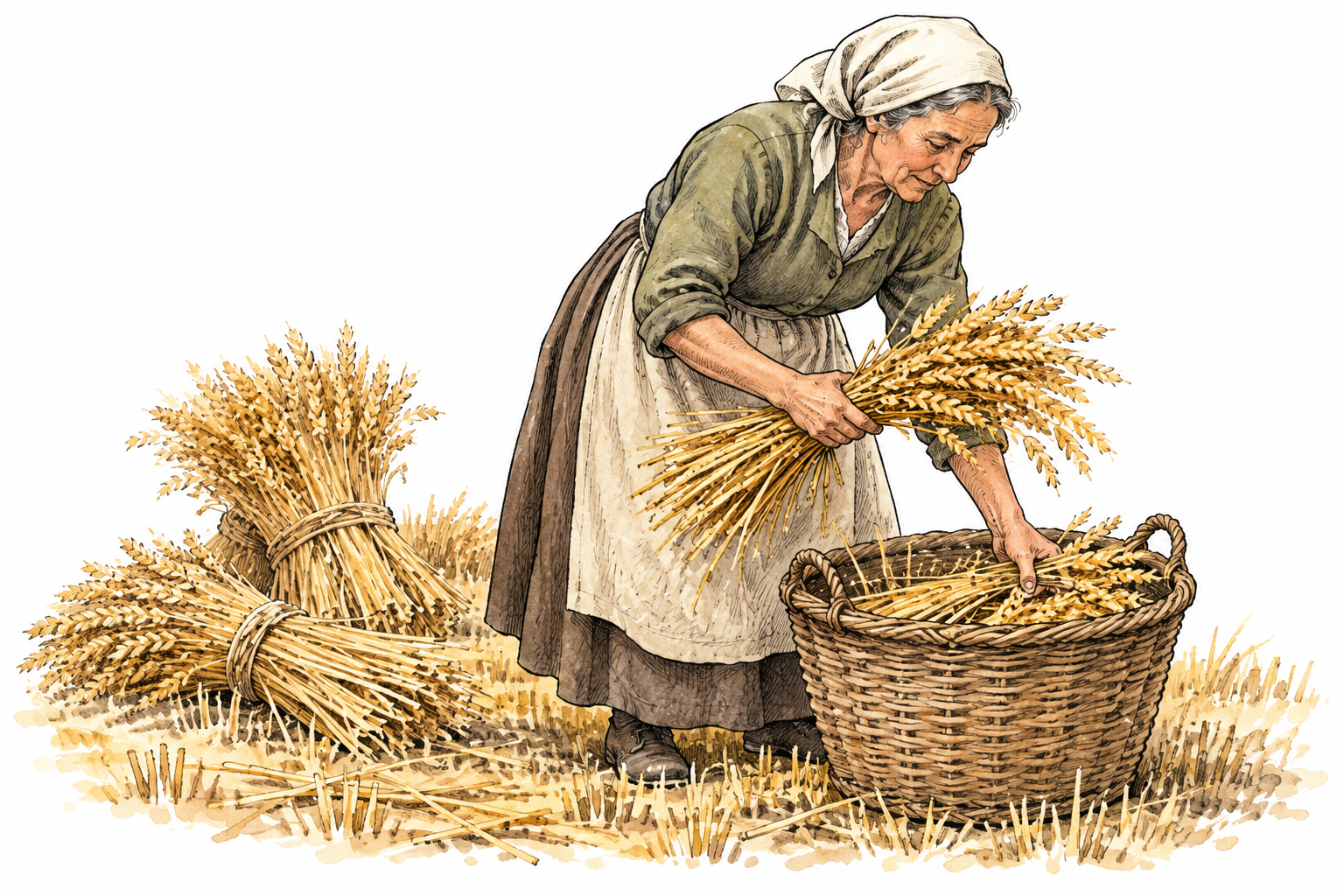 An older woman farmer gathering handfuls of harvested wheat into a steadily accumulating basket, several already gathered bundles nearby, gradual collection clear, no lettering.