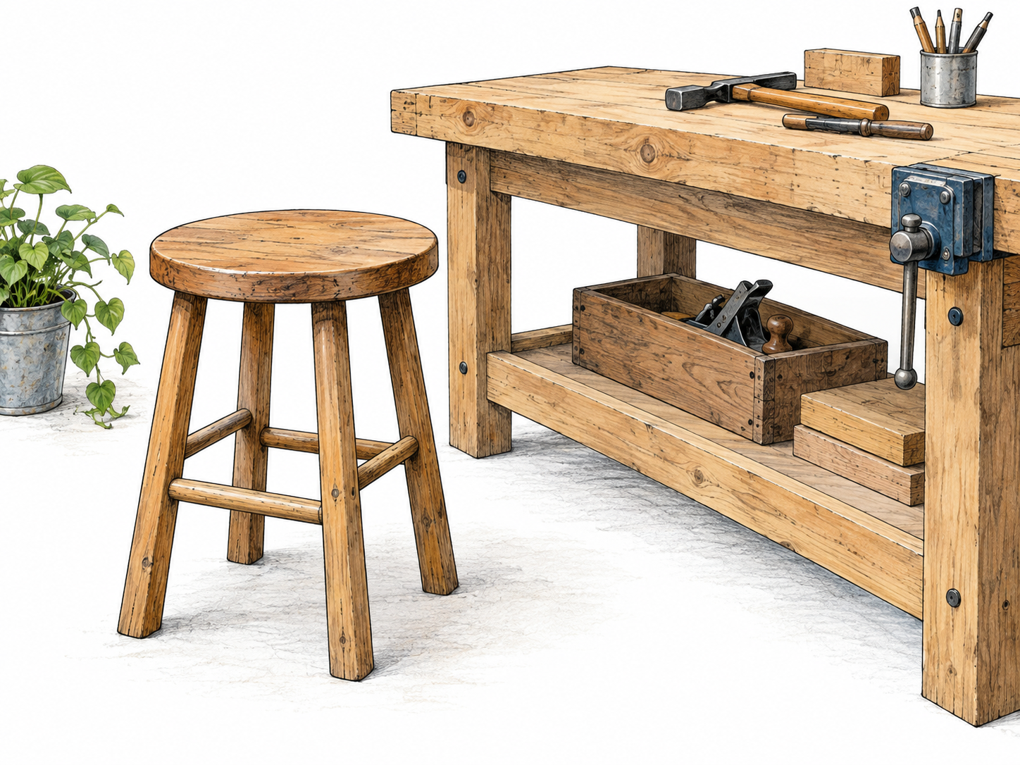 A single plain wooden stool with a round seat and four sturdy legs, clearly without any back or arms, beside a simple modern workbench.