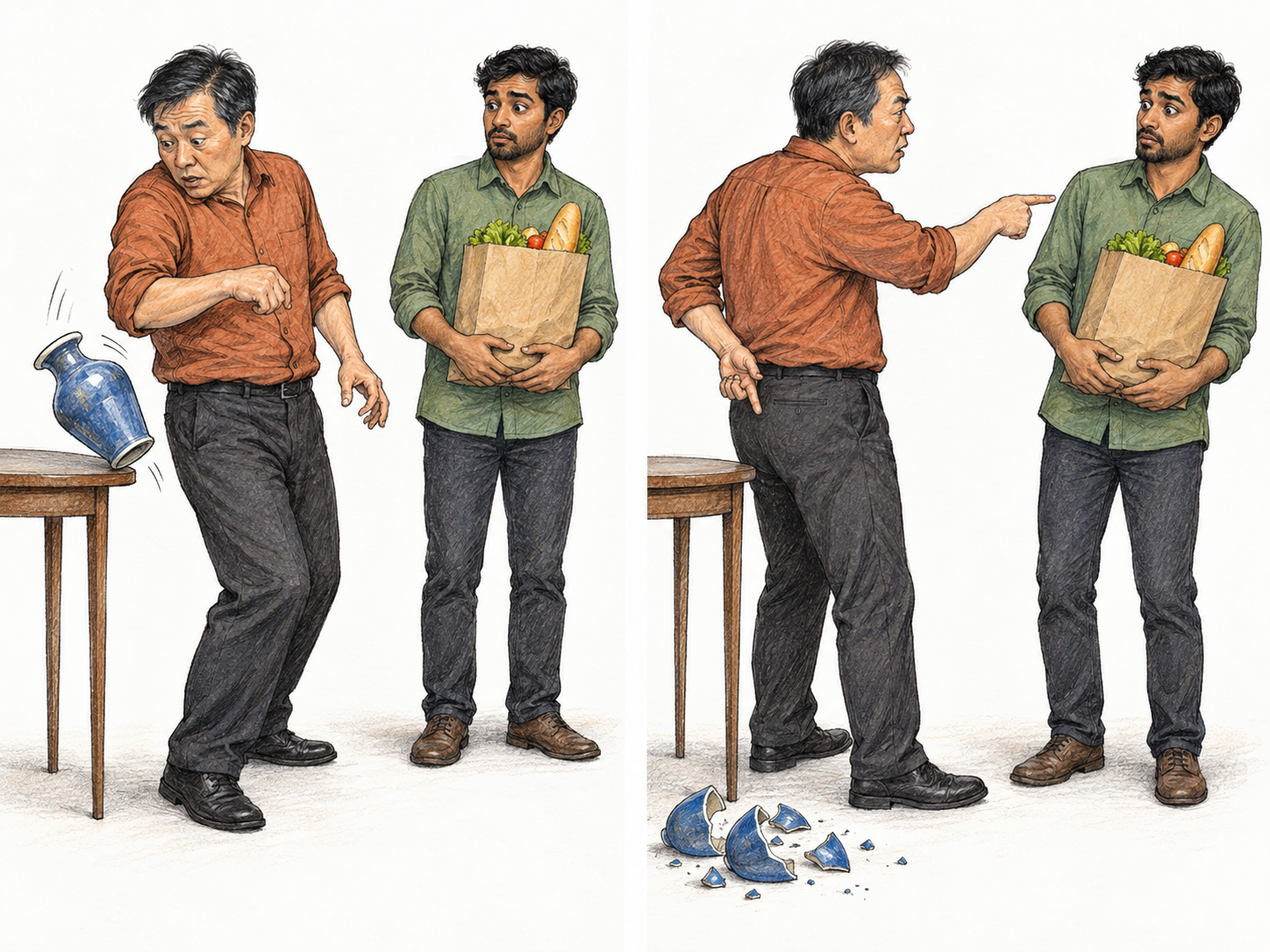 A compact two-panel sequence shows a man breaking a vase himself, then speaking while falsely blaming the other man.