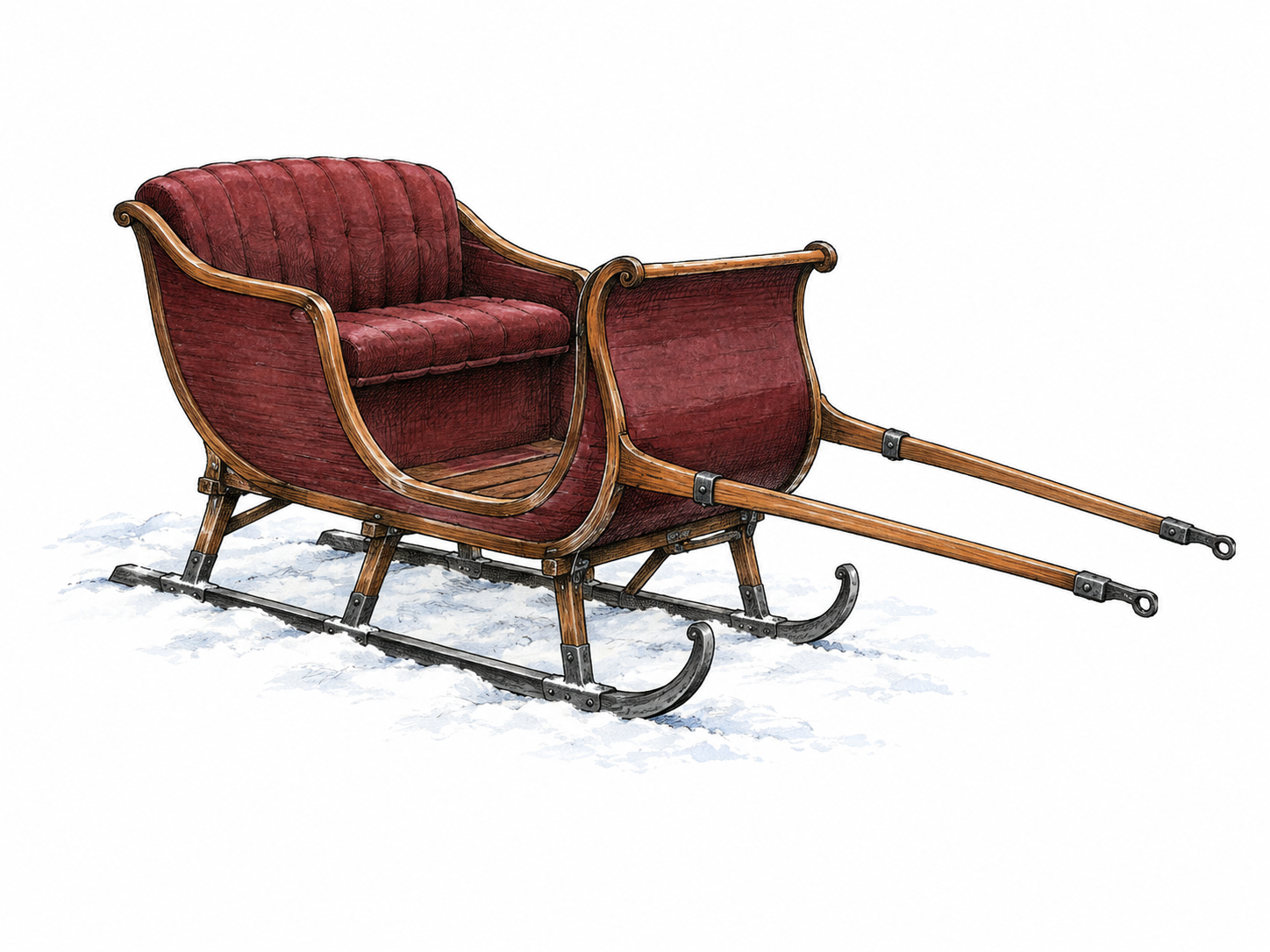 A traditional passenger sleigh stands on snow, curved wooden body with one upholstered bench and two long upturned metal runners.