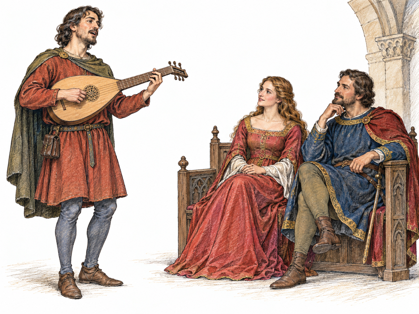 A medieval Occitan troubadour sings while playing a small lute before a seated noble couple in a simply suggested court.