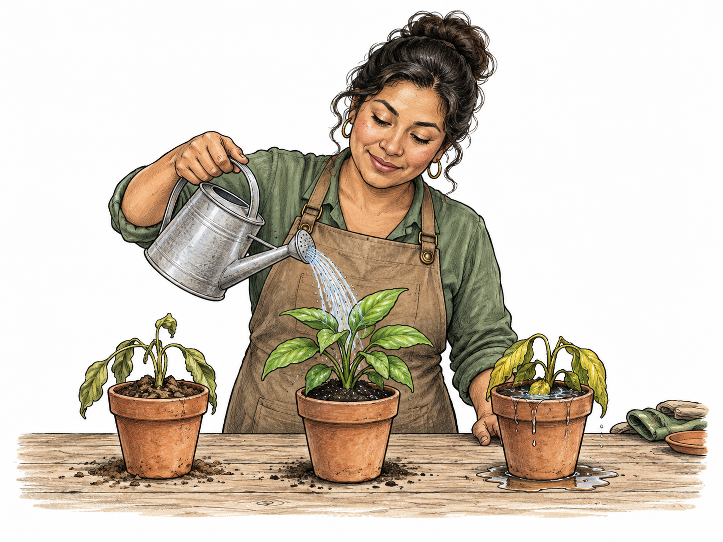 Three small identical potted plants on a potting bench: left dry soil, middle pleasantly moist soil with healthy leaves, right waterlogged.