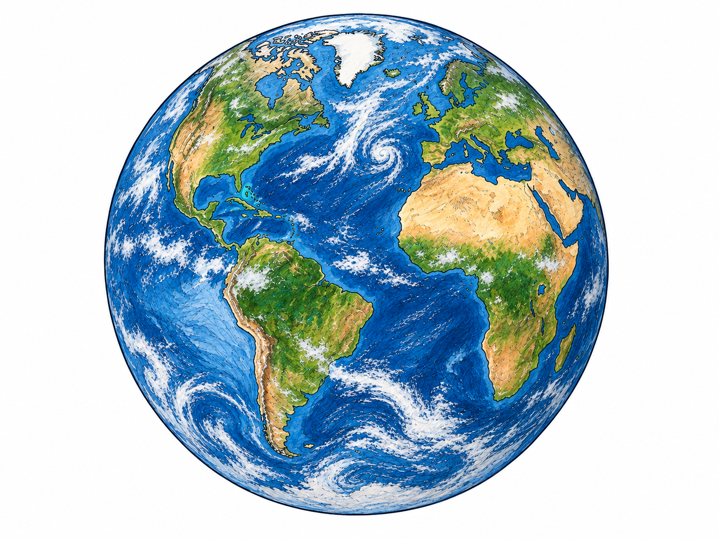 A single recognizable planet Earth, with blue oceans, geographically coherent continents and light cloud swirls, presents the inhabited world as a whole.