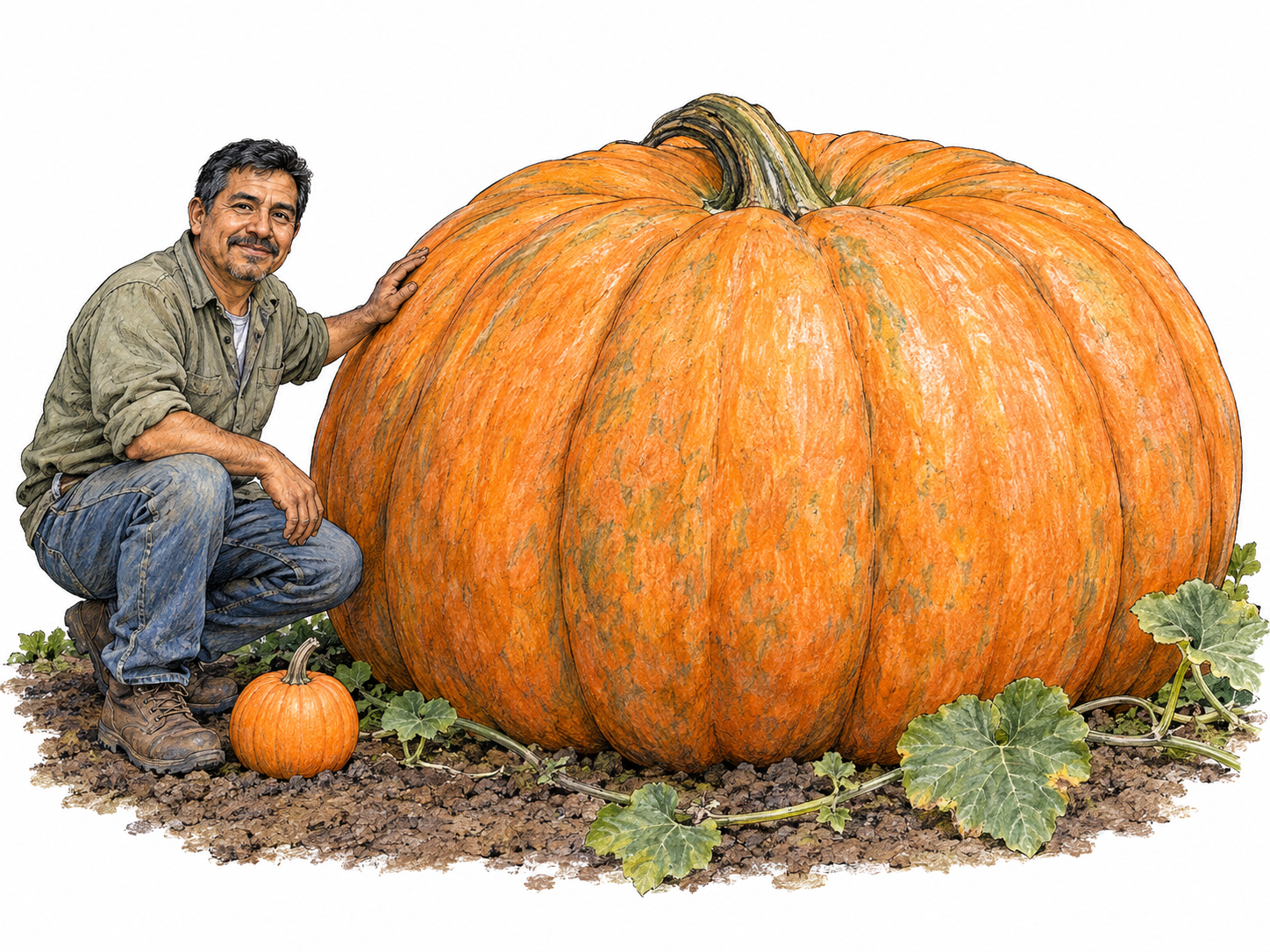 An enormous prize-growing pumpkin dwarfs a crouching adult gardener and a normal-sized pumpkin beside it, making its prodigious size immediately visible.