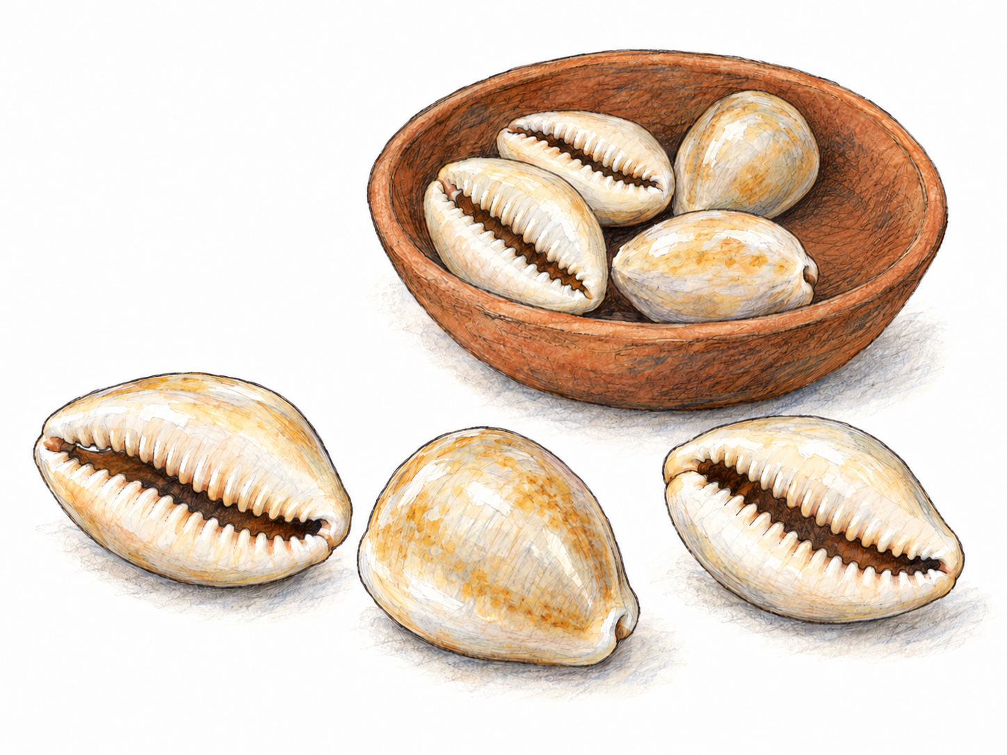 A close-up arrangement of three small glossy cowrie shells: one displaying its smooth domed back and two displaying the characteristic narrow, toothed opening underneath.