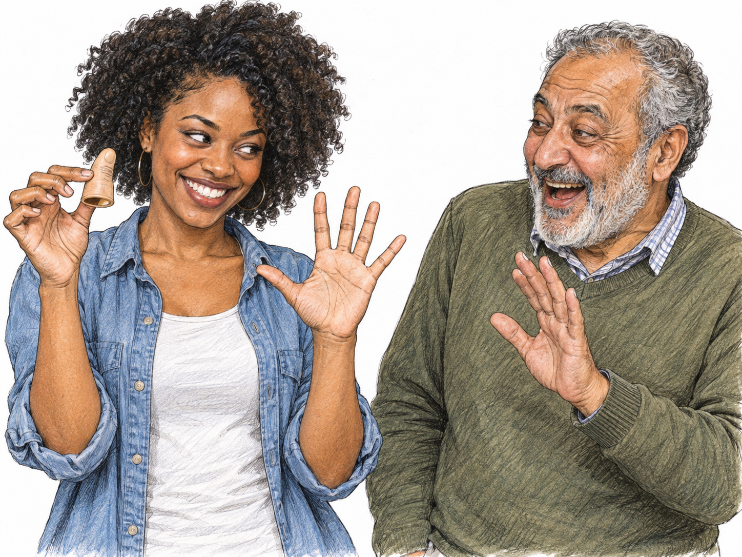A harmless prank revealed: a young woman holds up a detached rubber thumb beside her intact hand while an older man laughs at the trick.