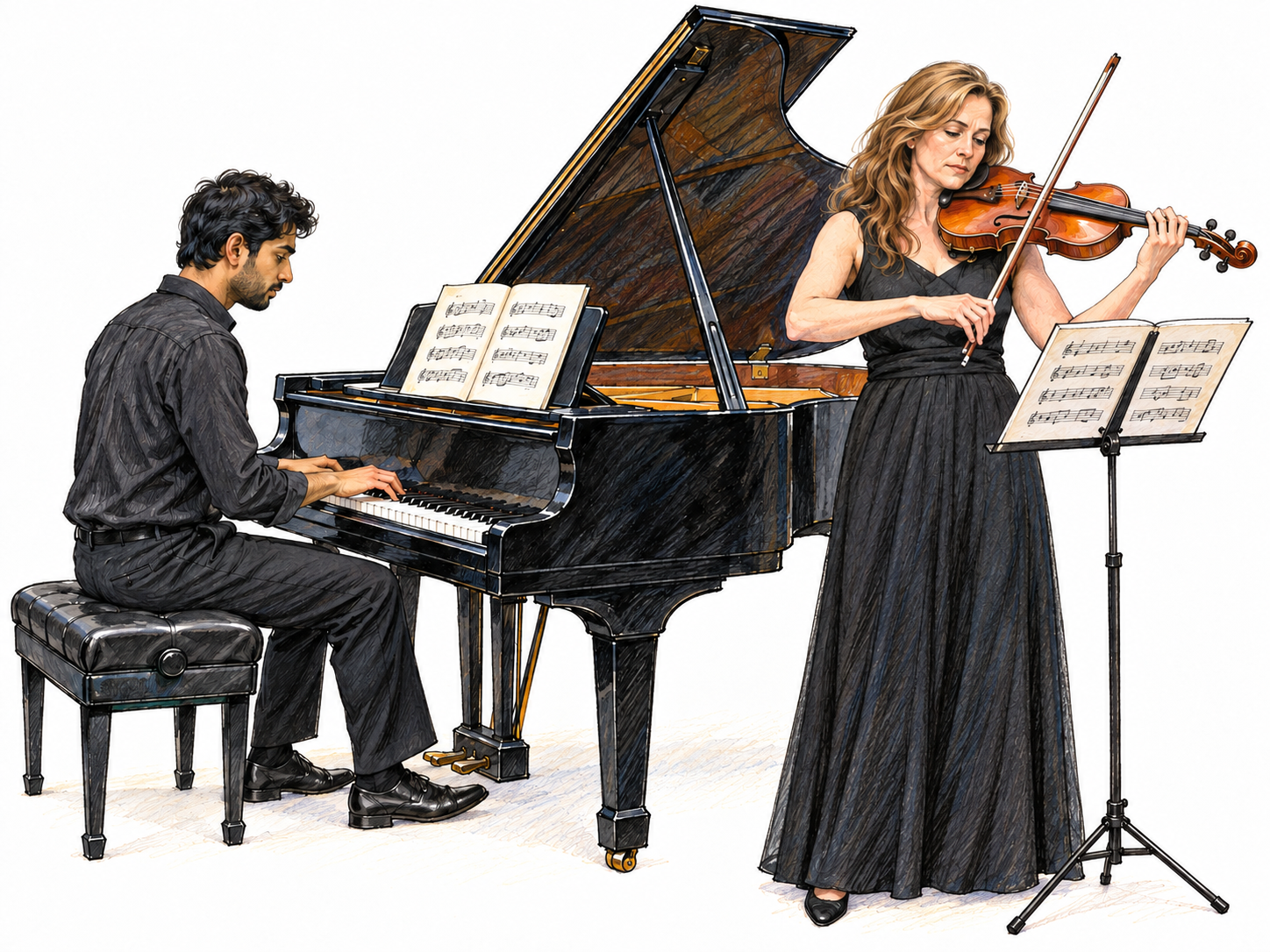 A violin-and-piano chamber performance with open notated scores makes the frozen sense recognizable: a classical composition played by a small instrumental group.