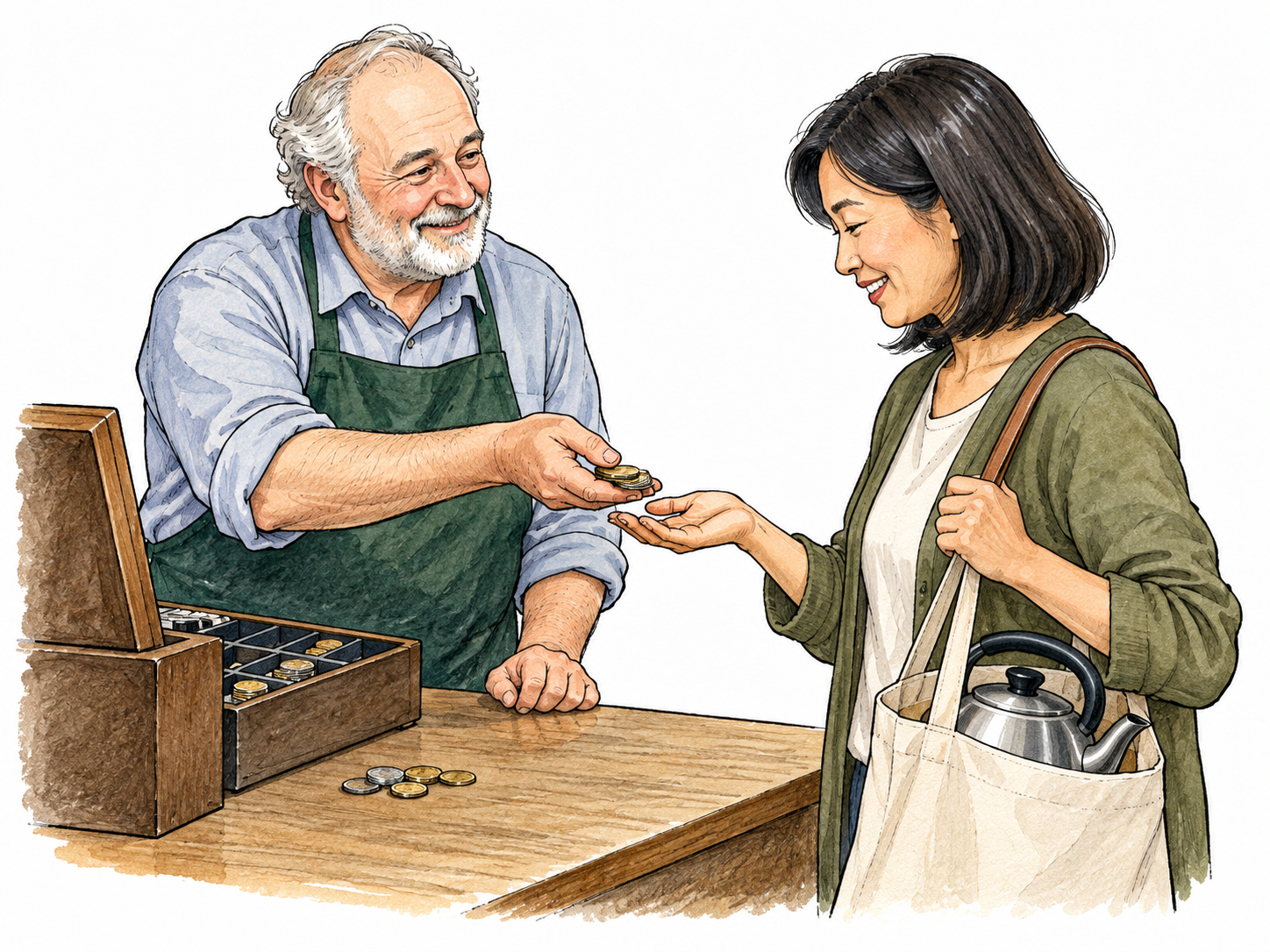 A customer receives some coins back from a shopkeeper after buying a plain kettle that rests in her shopping bag; previously paid coins beside till and refund gesture clear.