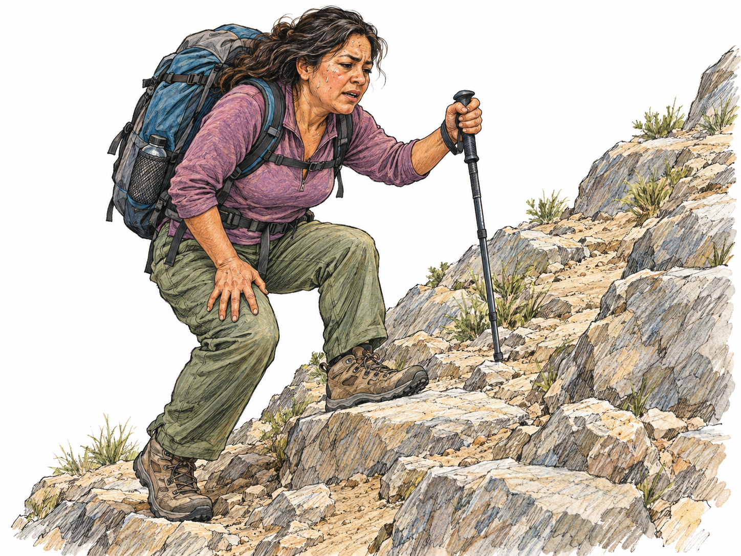 A visibly exhausted backpacker struggles up a steep, rocky trail, leaning heavily on a trekking pole while hauling herself onto a high natural step.