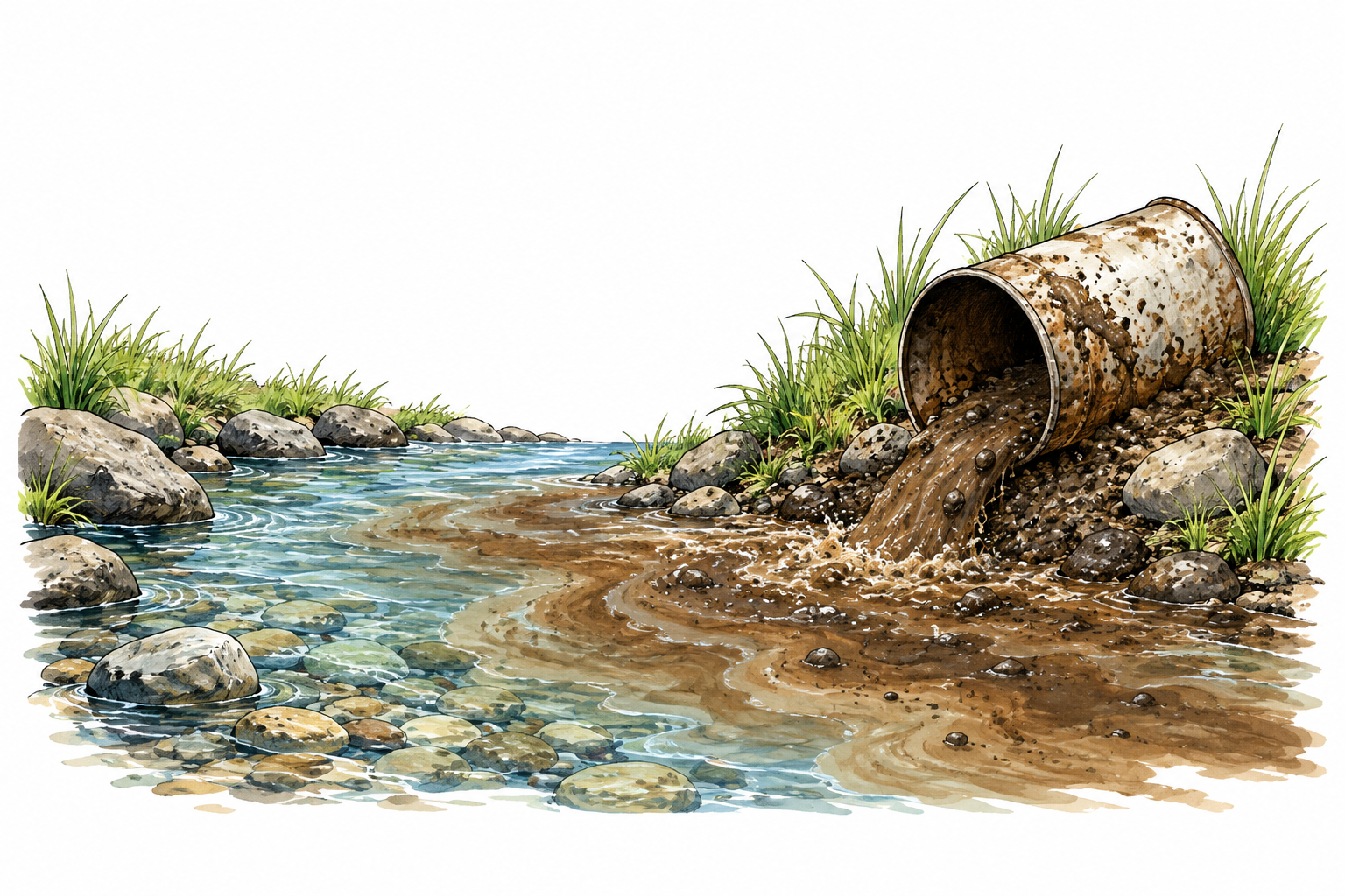 A clear brook becomes dirty where a tipped container spills muddy waste, obvious pollution, no people.