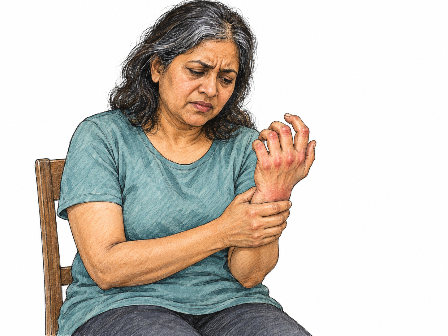 A seated middle-aged woman gently cradles her painful wrist, with visibly swollen knuckles and a guarded, stiff hand posture.