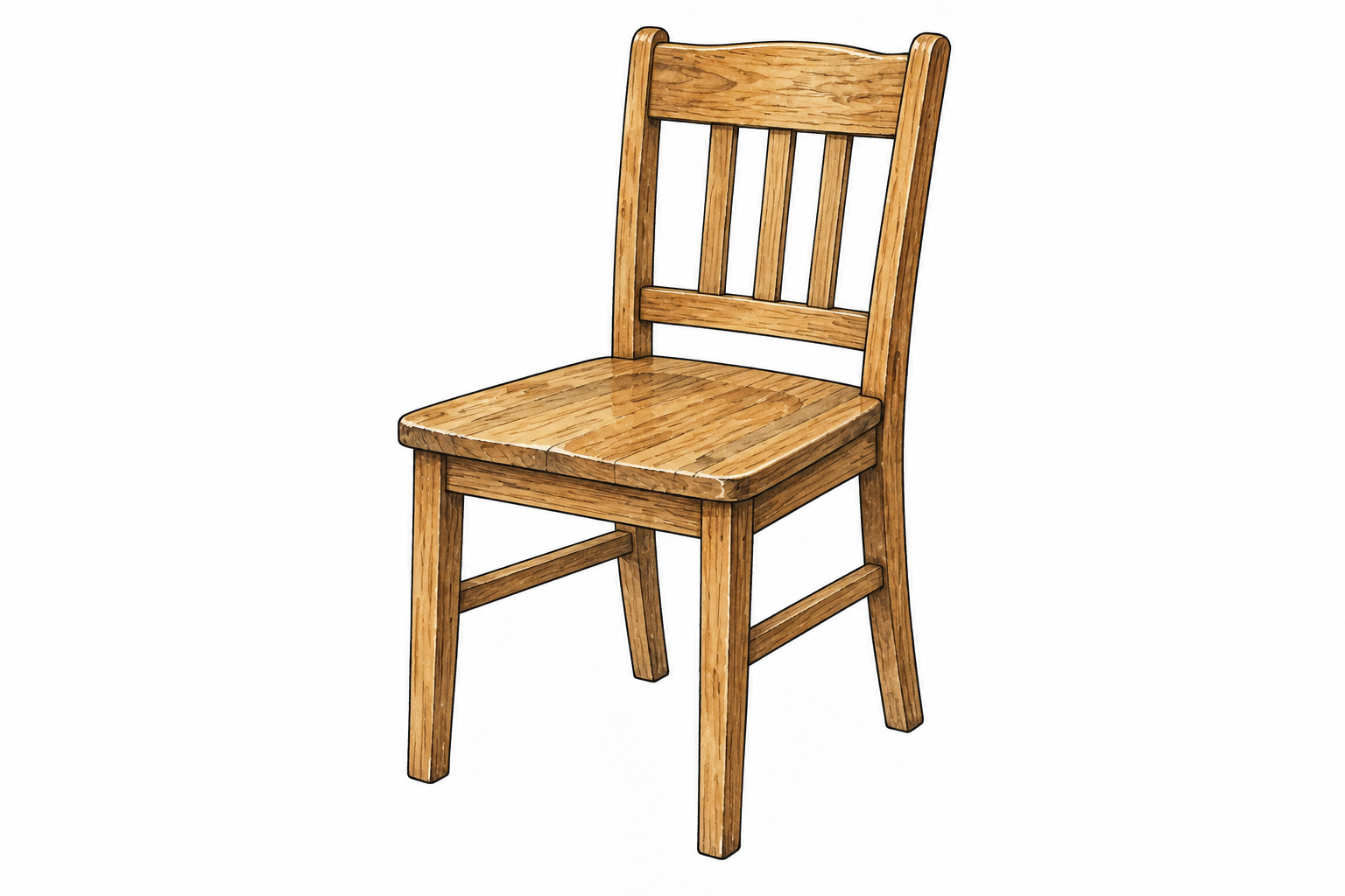 A plain wooden chair with backrest and four legs, one-person seat, object only.