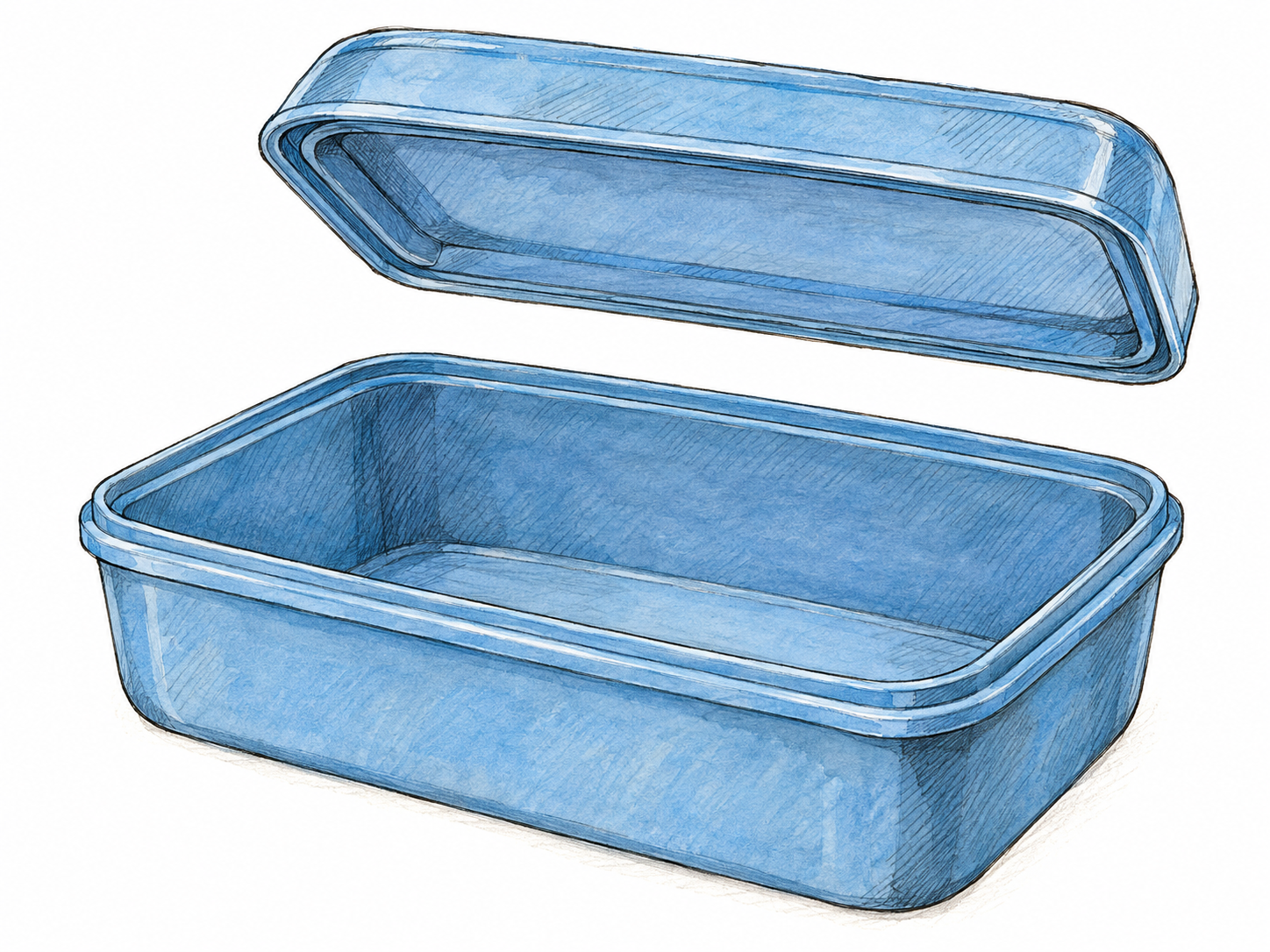 A two-piece plastic storage container with its removable lid lifted clear, aligned above the matching intact base.