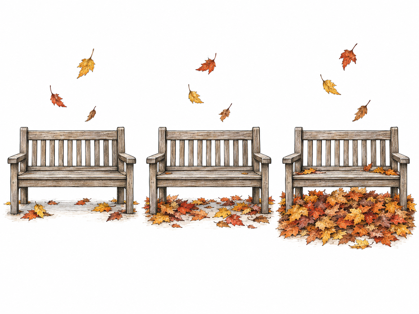 Three left-to-right stages show fallen leaves gradually accumulating around the same garden bench: a few scattered leaves, a shallow gathering, then a substantial heap, with additional leaves descending in each stage.