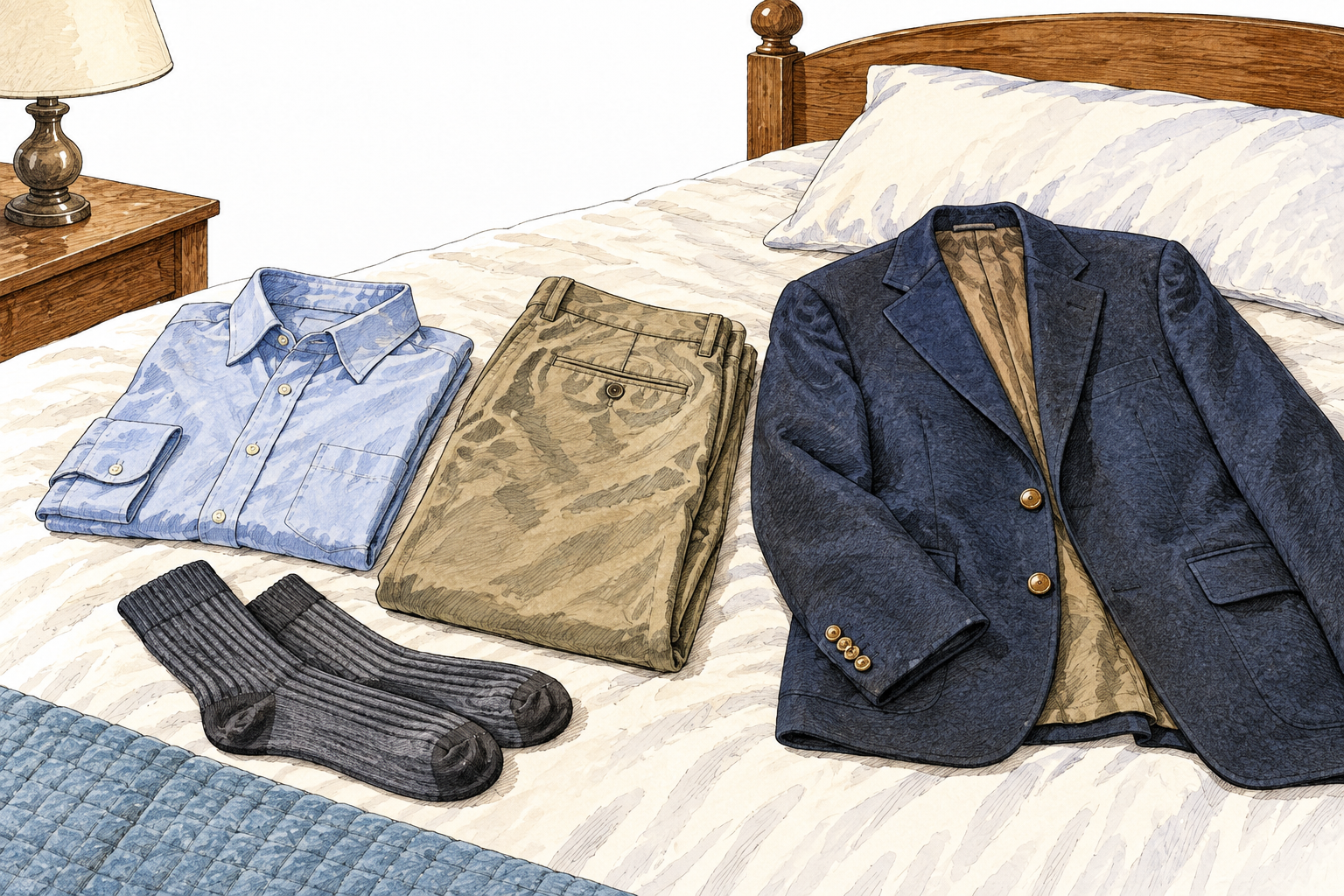 A neat arrangement of ordinary shirt, trousers, socks and jacket on a bed, garments.