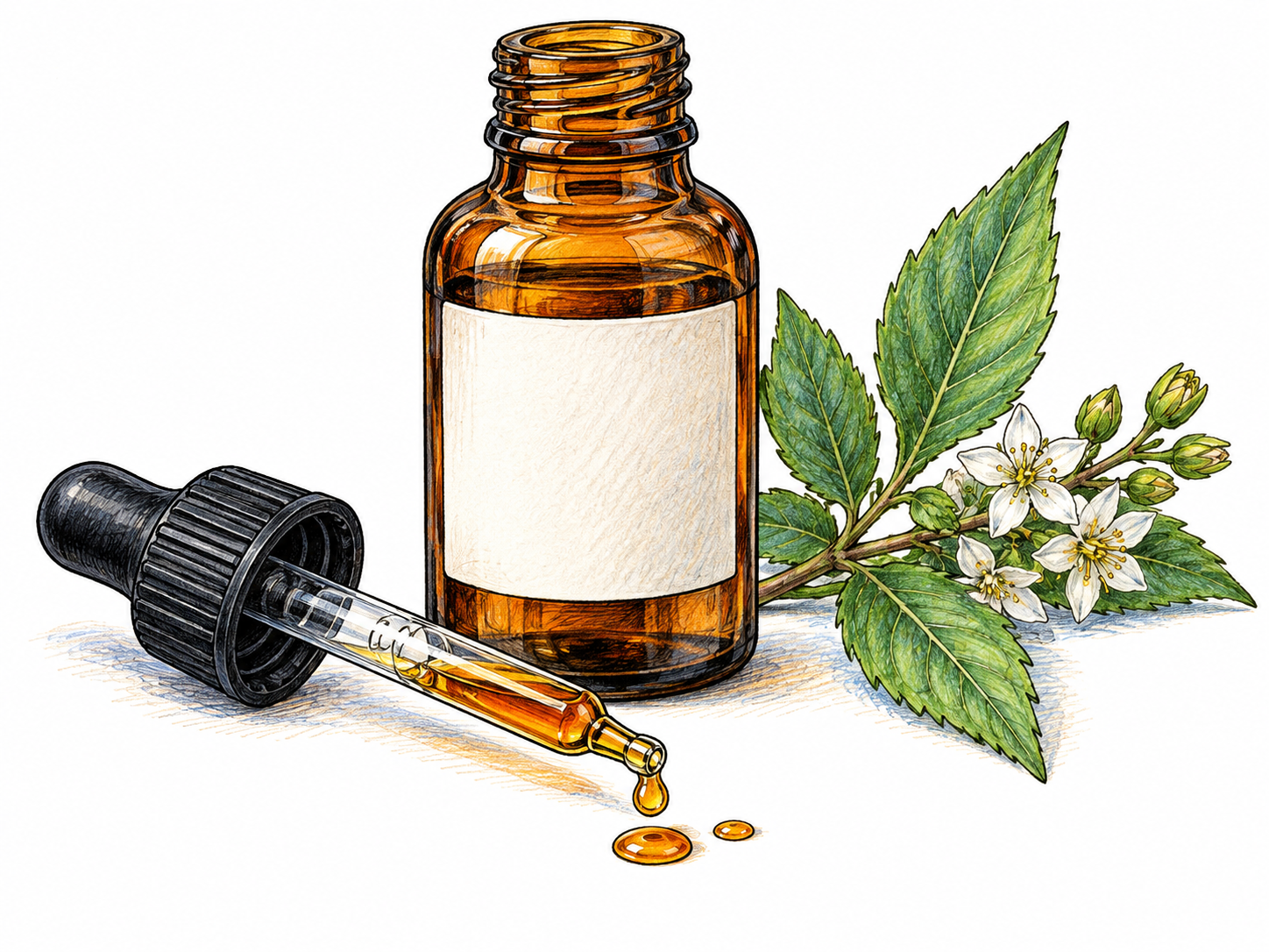 A small amber medicine bottle with completely blank label stands beside its glass dropper containing a few amber drops and a modest botanical sprig; medicinal extract presentation without dosing instructions or ingredient claims.