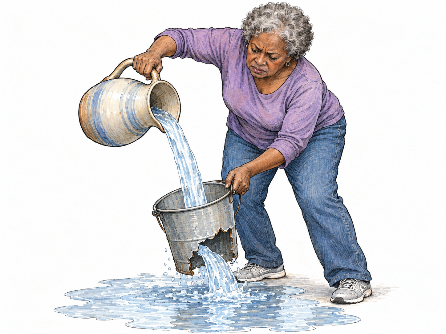 A woman tries to fill a badly broken bucket: water pours in from her pitcher and immediately escapes through a large missing section of the bucket's bottom, leaving it empty.